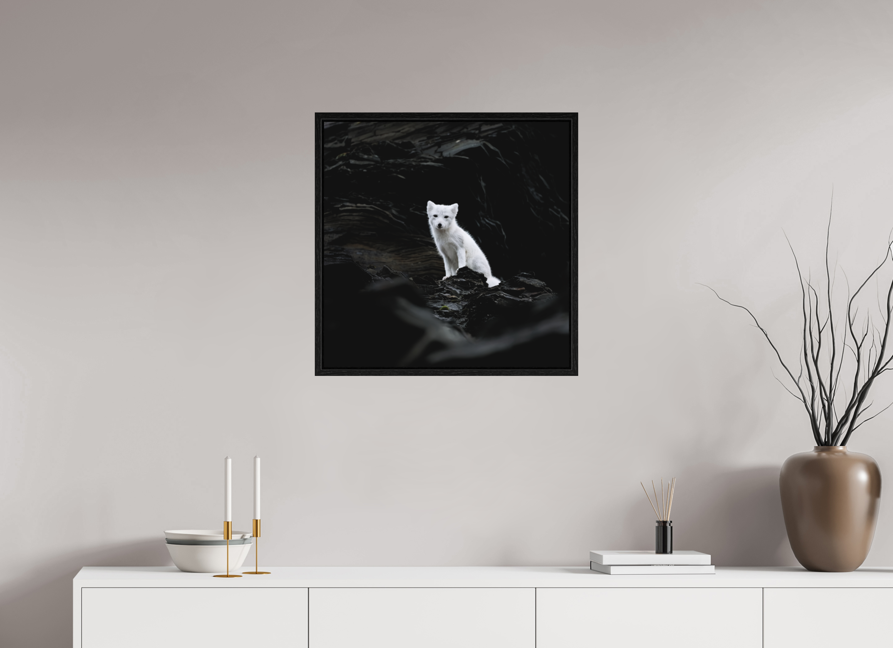 60 x 60 cm, Floater Frame Black Oak Matte Acrylic Glass Arctic Fox Angel - Floater Frame Matte