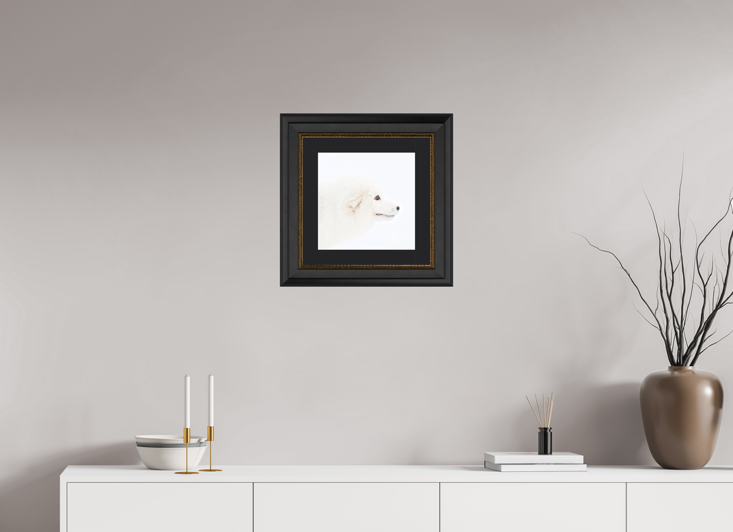 30 x 30 cm, Solid Wood Frame London Passe-partout Gold Arctic Fox Head - Solid Frame With Passe-Partout