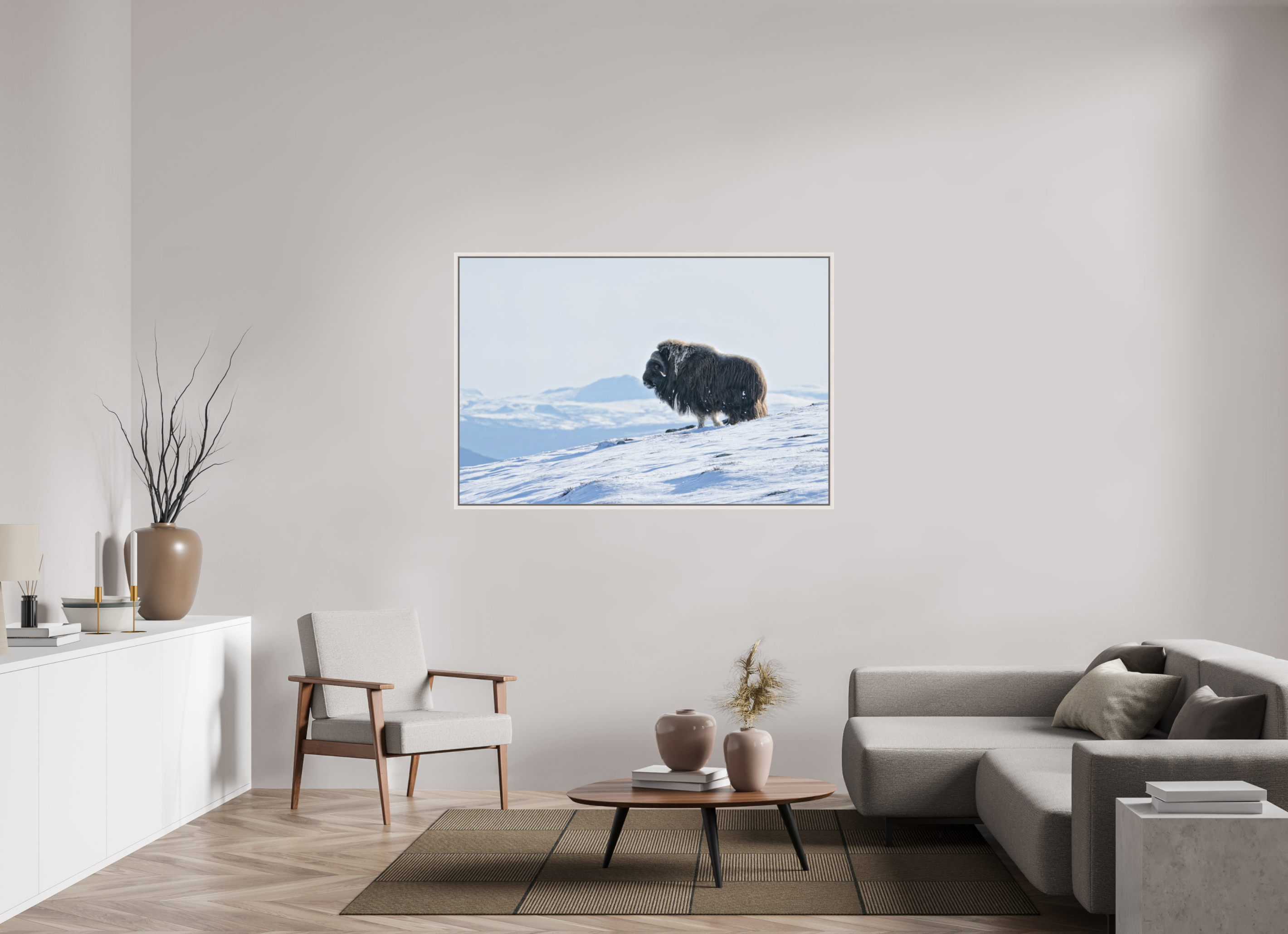 150 x 100 cm, Floater Frame Maple White Matte Acrylic Glass The Musk Ox Kingdom - Floater Frame Matte Acrylic