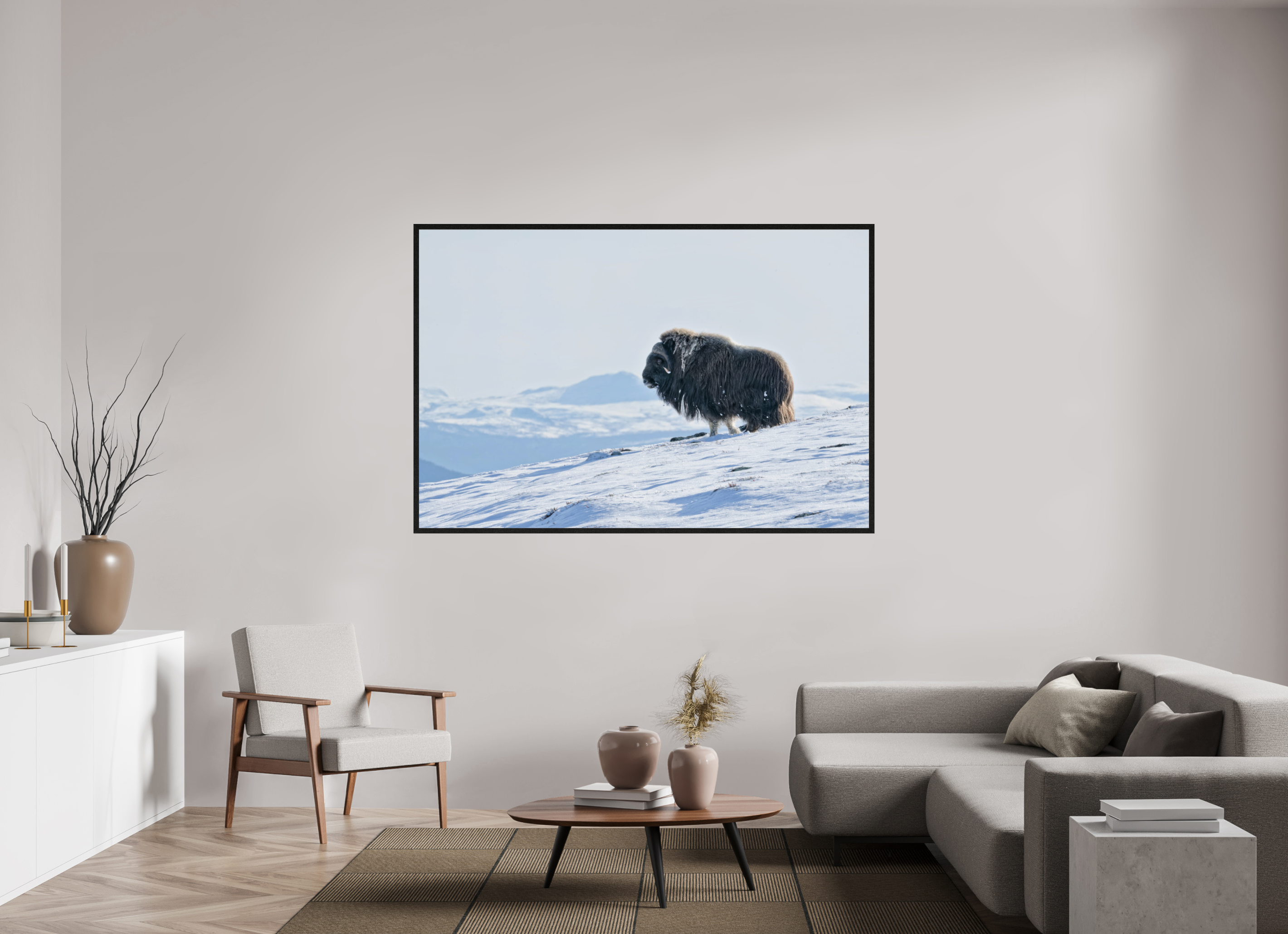 180 x 120 cm, Gallery Frame Hamburg Black Oak Glossy Acrylic The Musk Ox Kingdom - In Solid 20 mm Wood Frame Hamburg Glossy