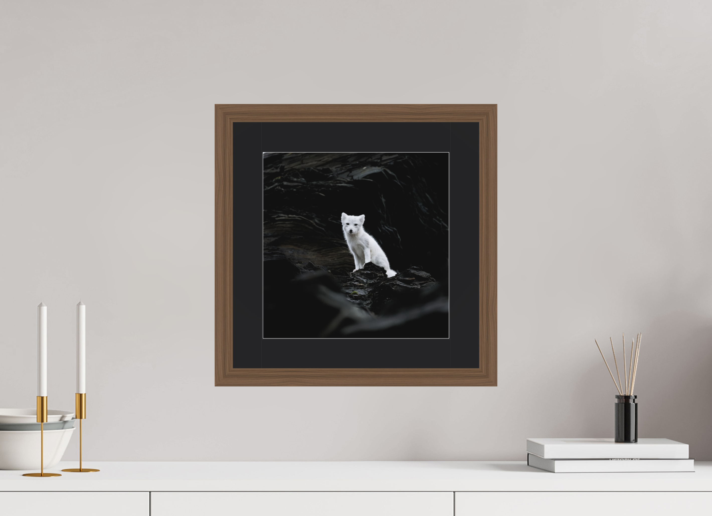 30 x 30 cm, Solid Wood Frame Vienna Passe-partout Walnut Arctiv Fox Angel -Solid Frame With Passe-Partout