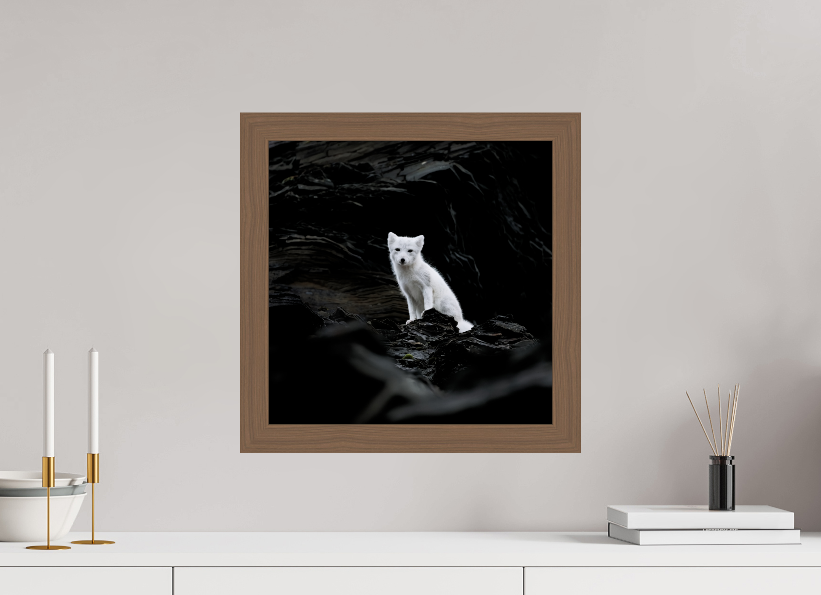 40 x 40 cm, Gallery Frame Hamburg 40mm Walnut Glossy Acrylic Arctic Fox Angel - In Solid 40 mm Wood Frame Hamburg Glossy
