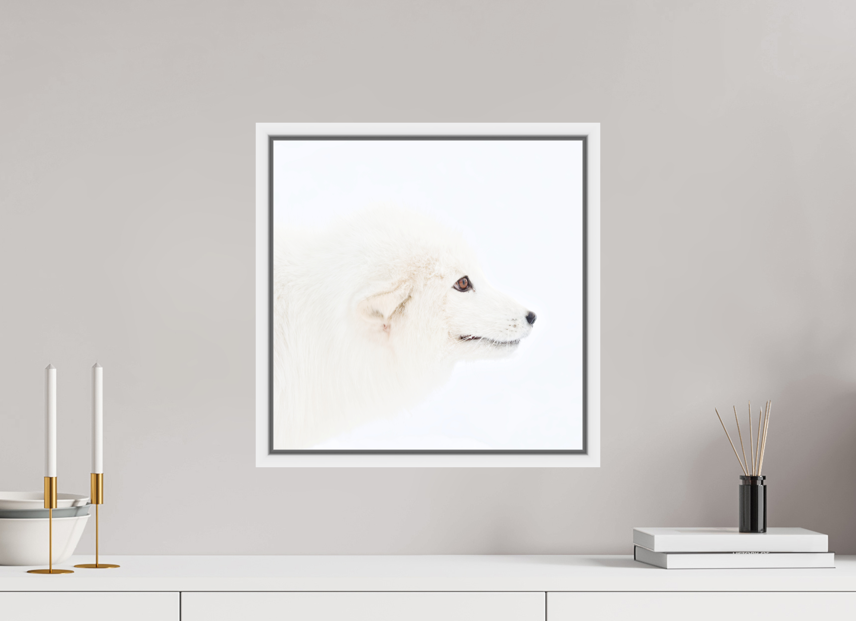40 x 40 cm, Floater Frame White Matte Acrylic Glass Arctic Fox Head - Floater Frame
