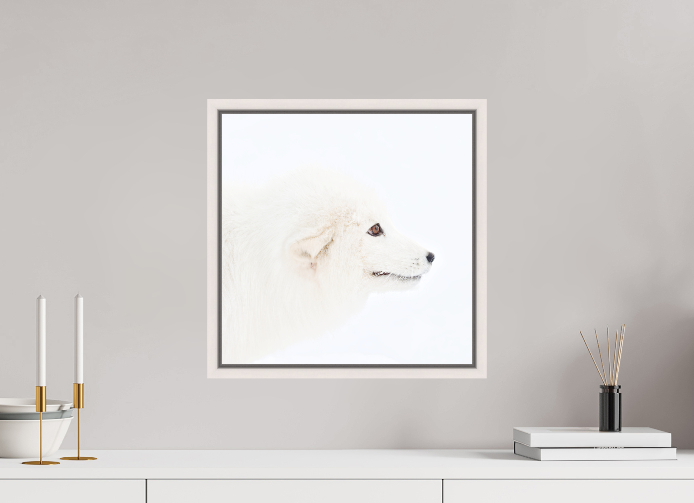 40 x 40 cm, Floater Frame Maple White Matte Acrylic Glass Arctic Fox Head - Floater Frame