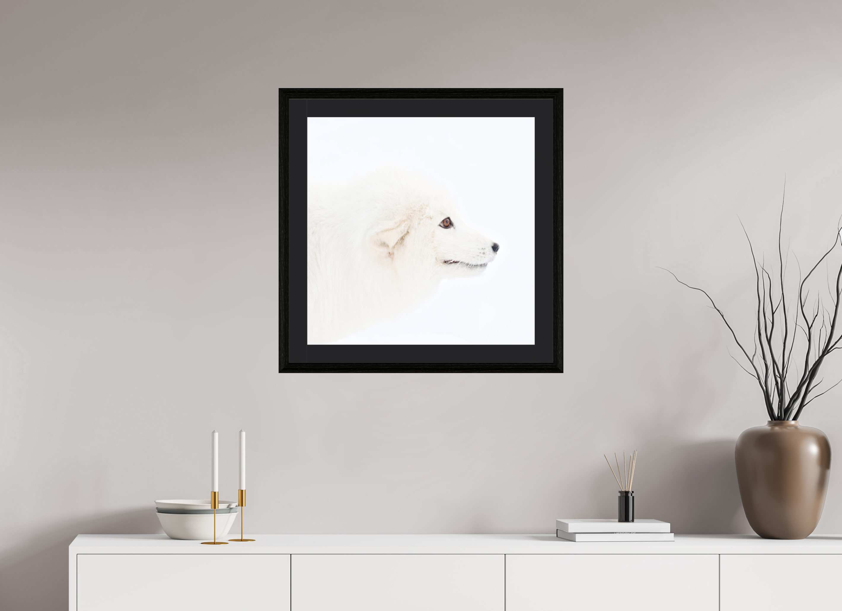 60 x 60 cm, Solid Wood Frame Vienna Passe-partout Black Oak Arctic Fox Head - Solid Frame With Passe-Partout