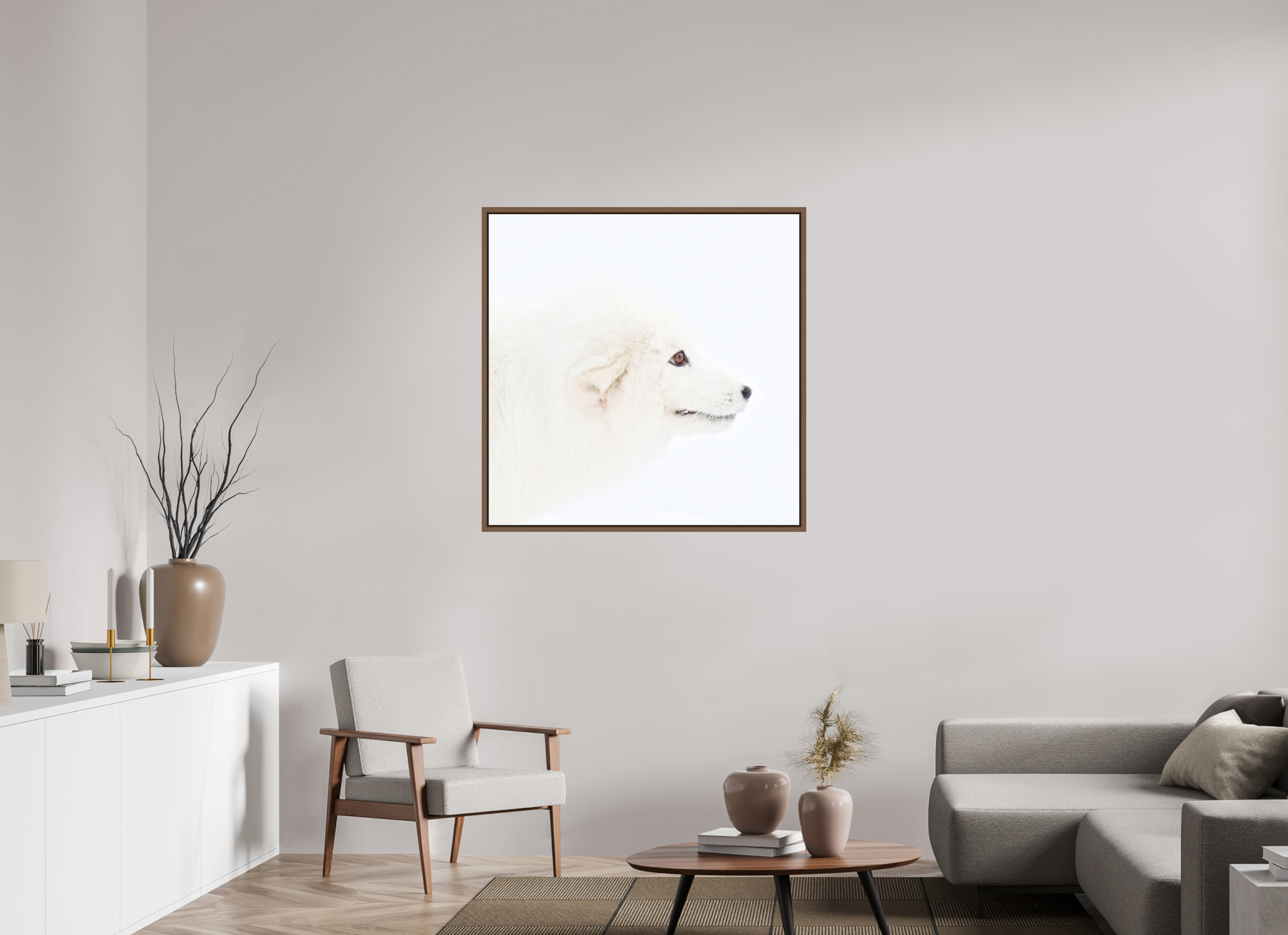 100 x 100 cm, Floater Frame Walnut Matte Acrylic Glass Arctic Fox Head - Floater Frame
