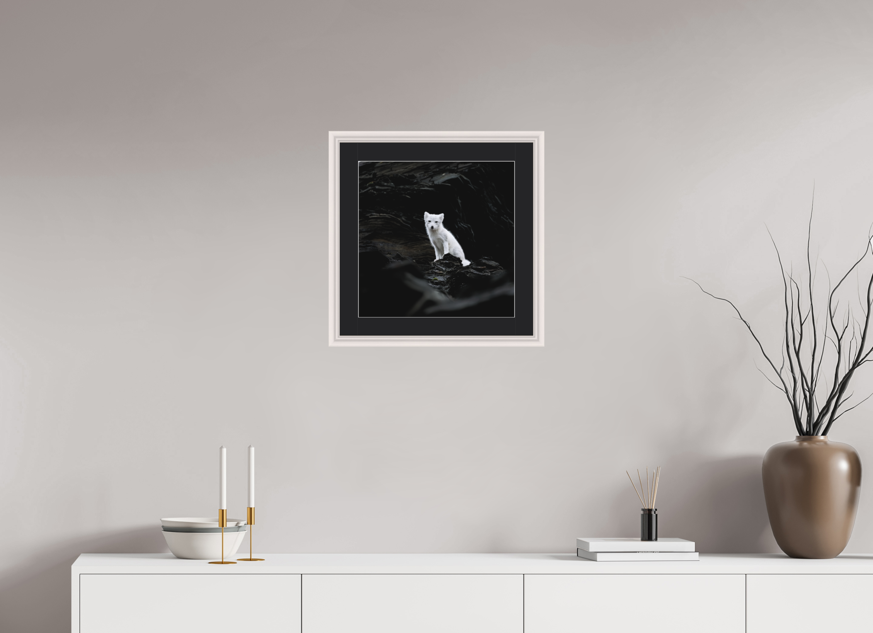 40 x 40 cm, Solid Wood Frame Vienna Passe-partout Maple White Arctiv Fox Angel -Solid Frame With Passe-Partout