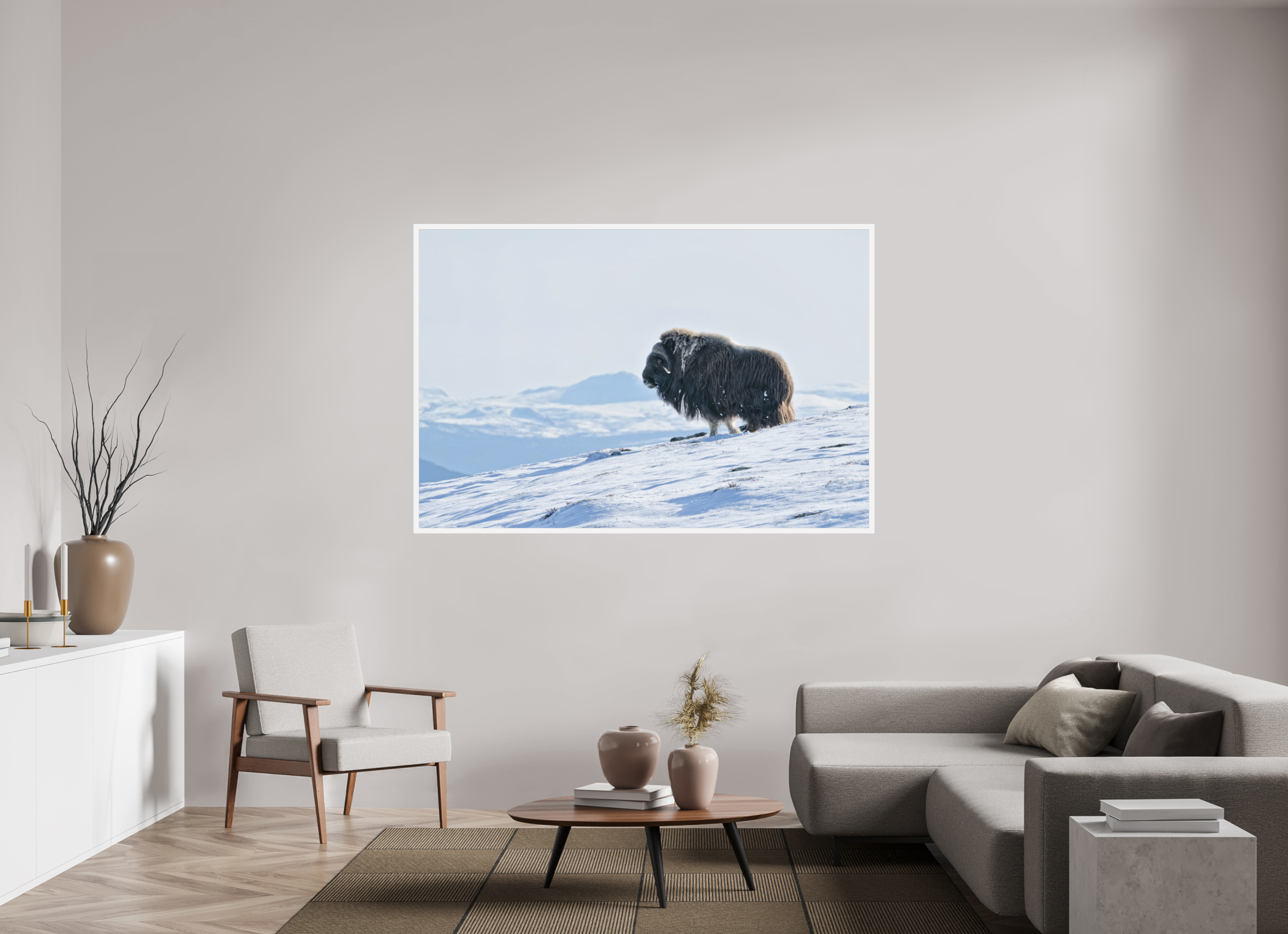 180 x 120 cm, Gallery Frame Hamburg 20mm Matte White Matte Acrylic The Musk Ox Kingdom - In Solid 20 mm Wood Frame Hamburg Matte Acrylic