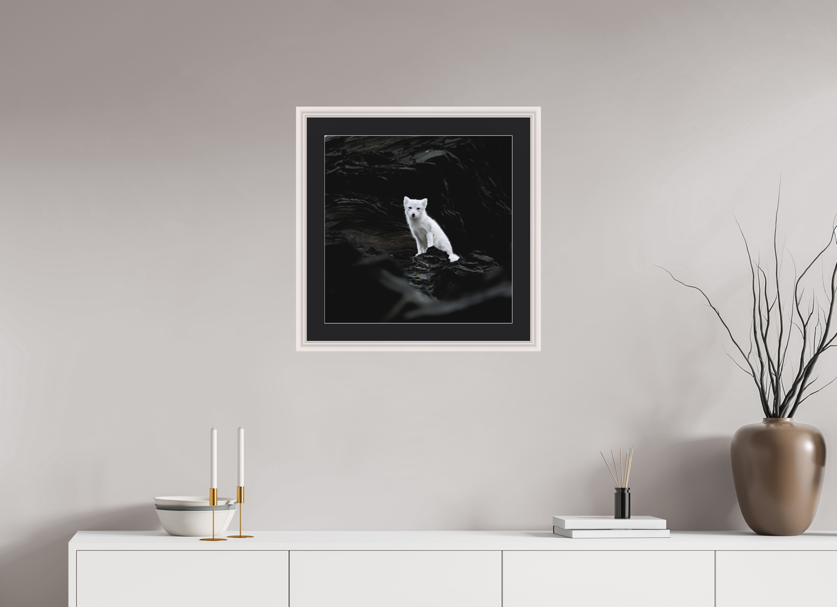 50 x 50 cm, Solid Wood Frame Vienna Passe-partout Maple White Arctiv Fox Angel -Solid Frame With Passe-Partout