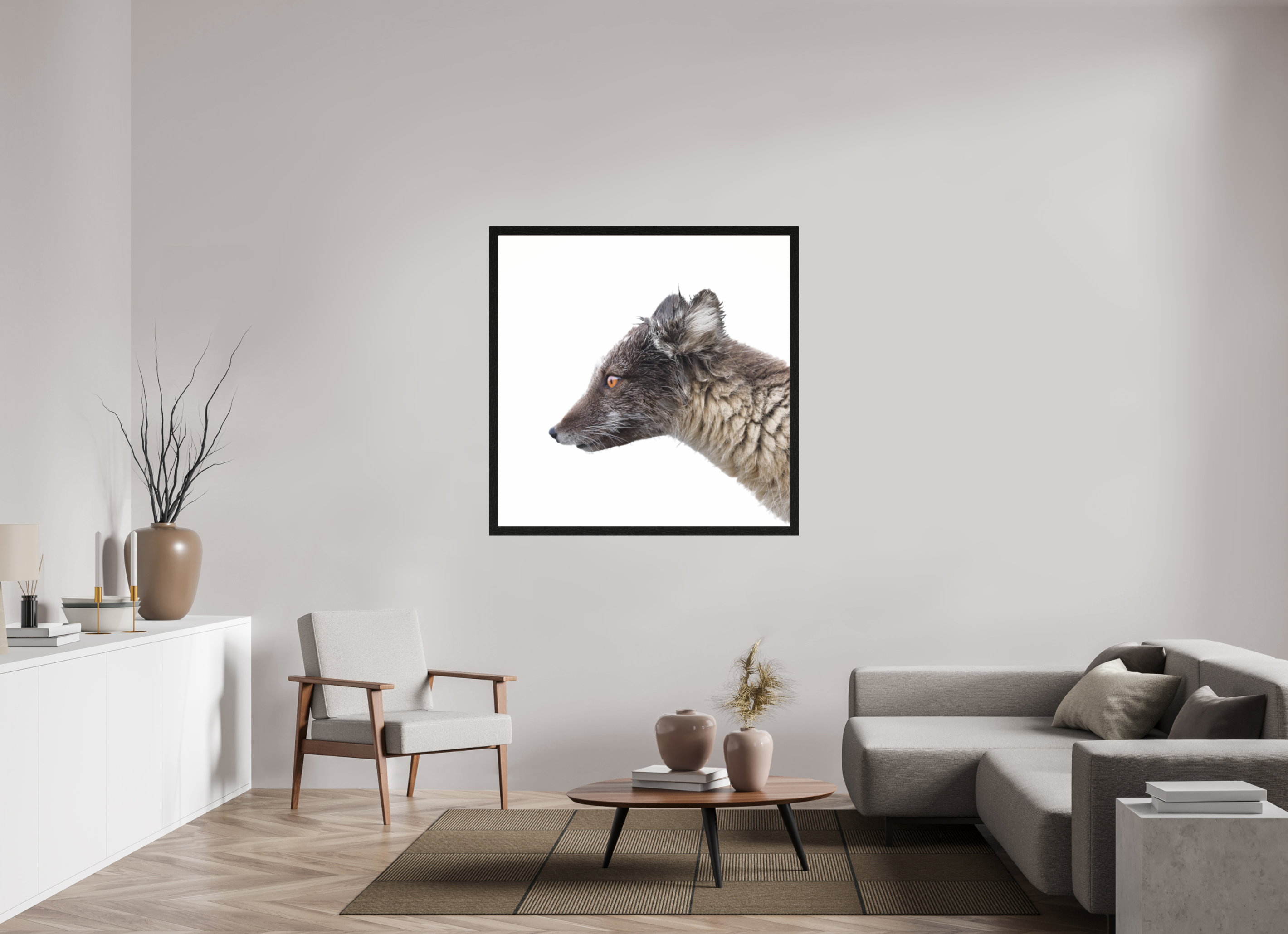 120 x 120 cm, Gallery Frame Hamburg 40mm Black Oak Glossy Acrylic Glass Arctic Fox Angel - In Solid 40 mm Wood Frame Hamburg Glossy
