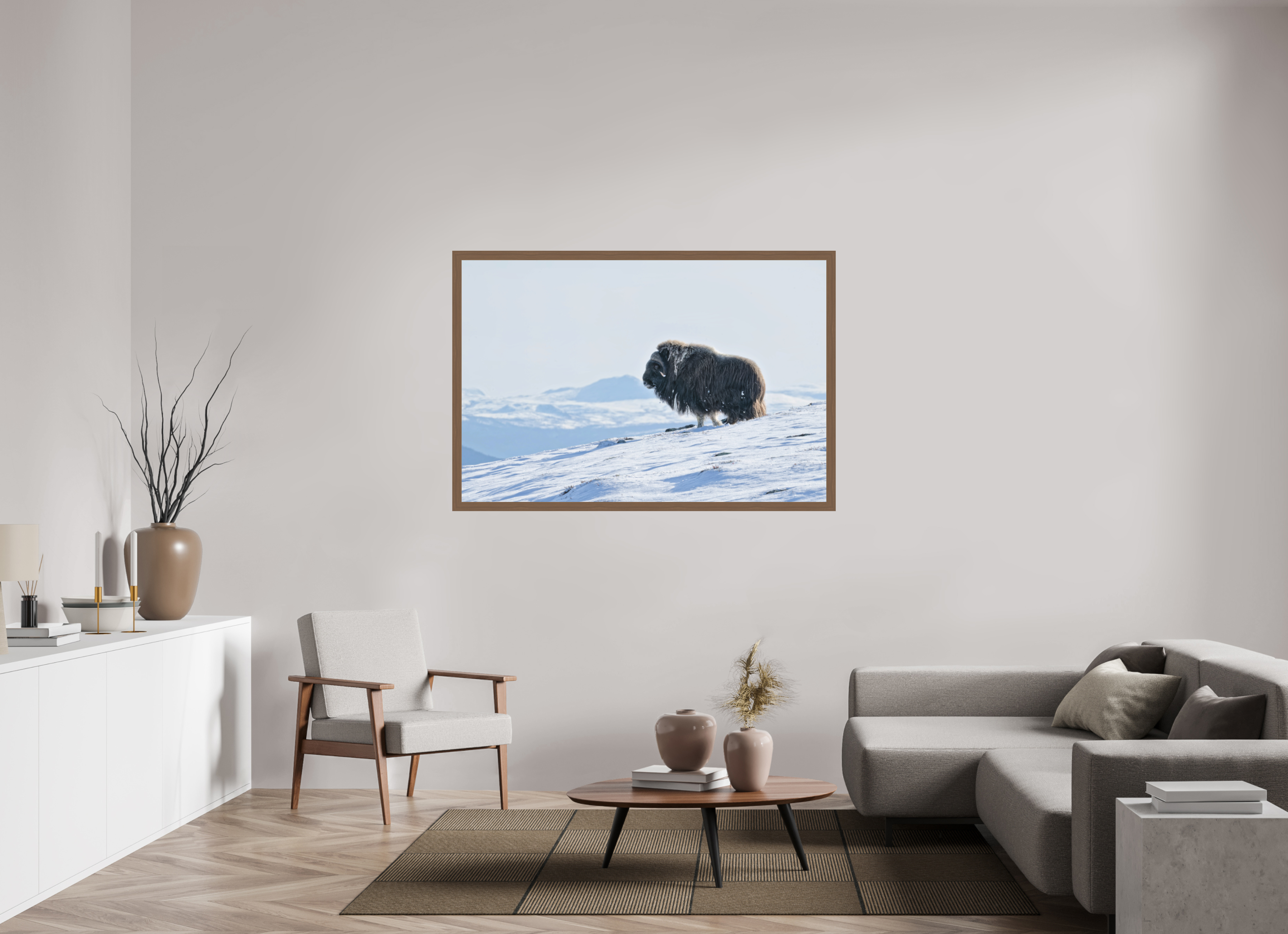 150 x 100 cm, Gallery Frame Hamburg 40mm Walnut Matte Acrylic Glass The Musk Ox Kingdom - In Solid 40 mm Wood Frame Hamburg Glossy Acrylic