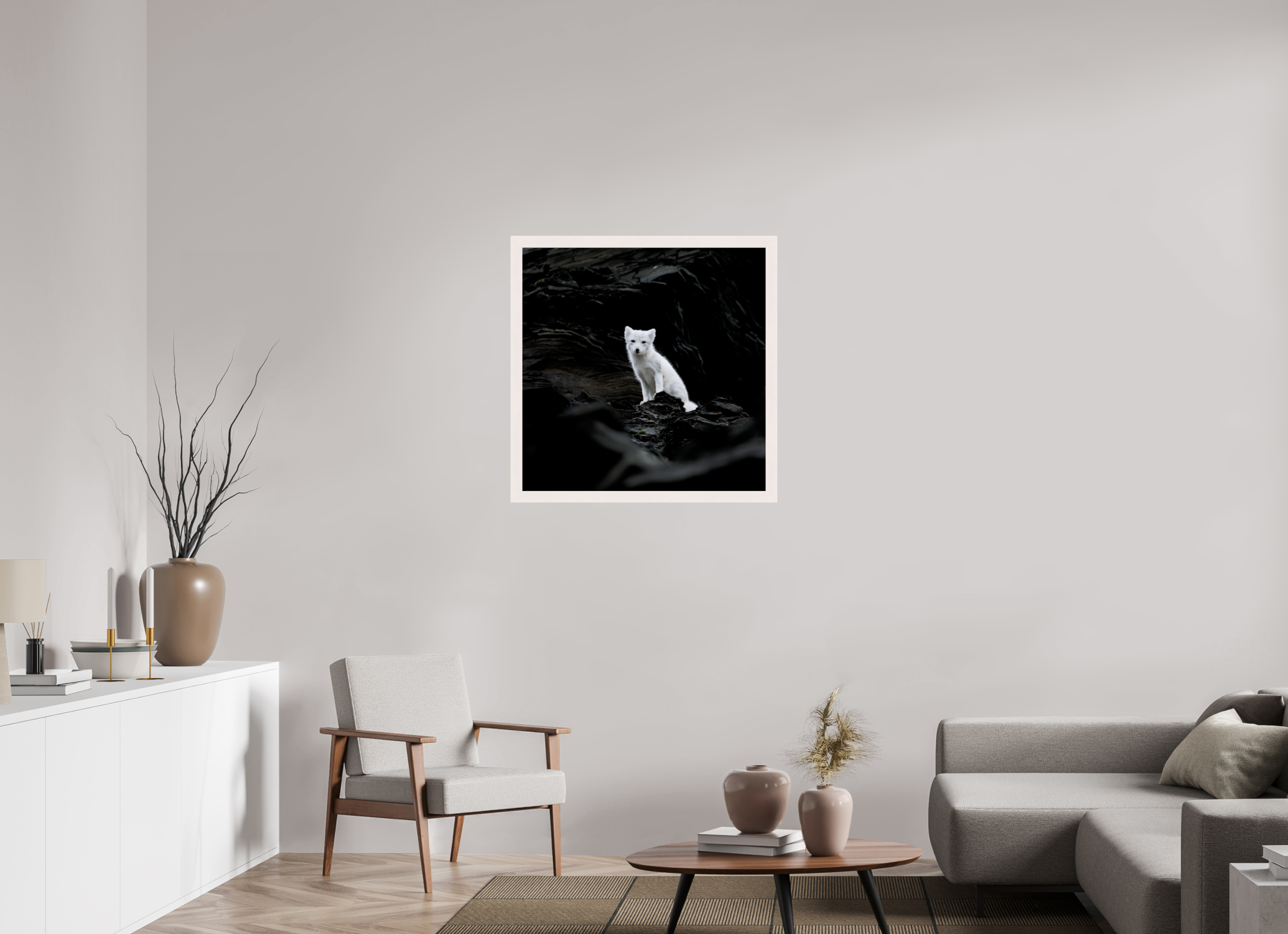 80 x 80 cm, Gallery Frame Hamburg 40mm White Glossy Acrylic Arctic Fox Angel - In Solid 40 mm Wood Frame Hamburg Glossy