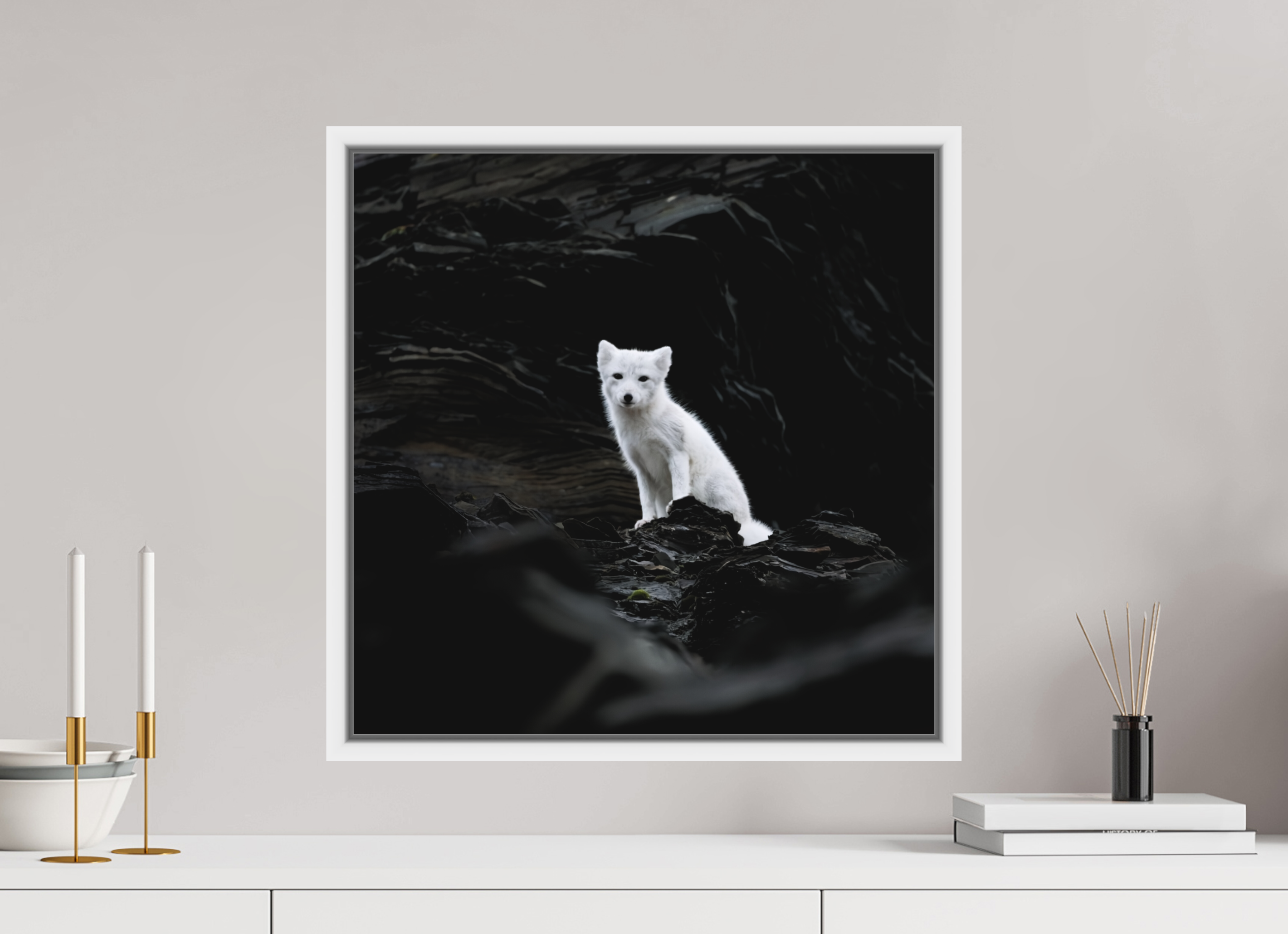 50 x 50 cm, Floater Frame White Matte Acrylic Glass Arctic Fox Angel - Floater Frame Matte