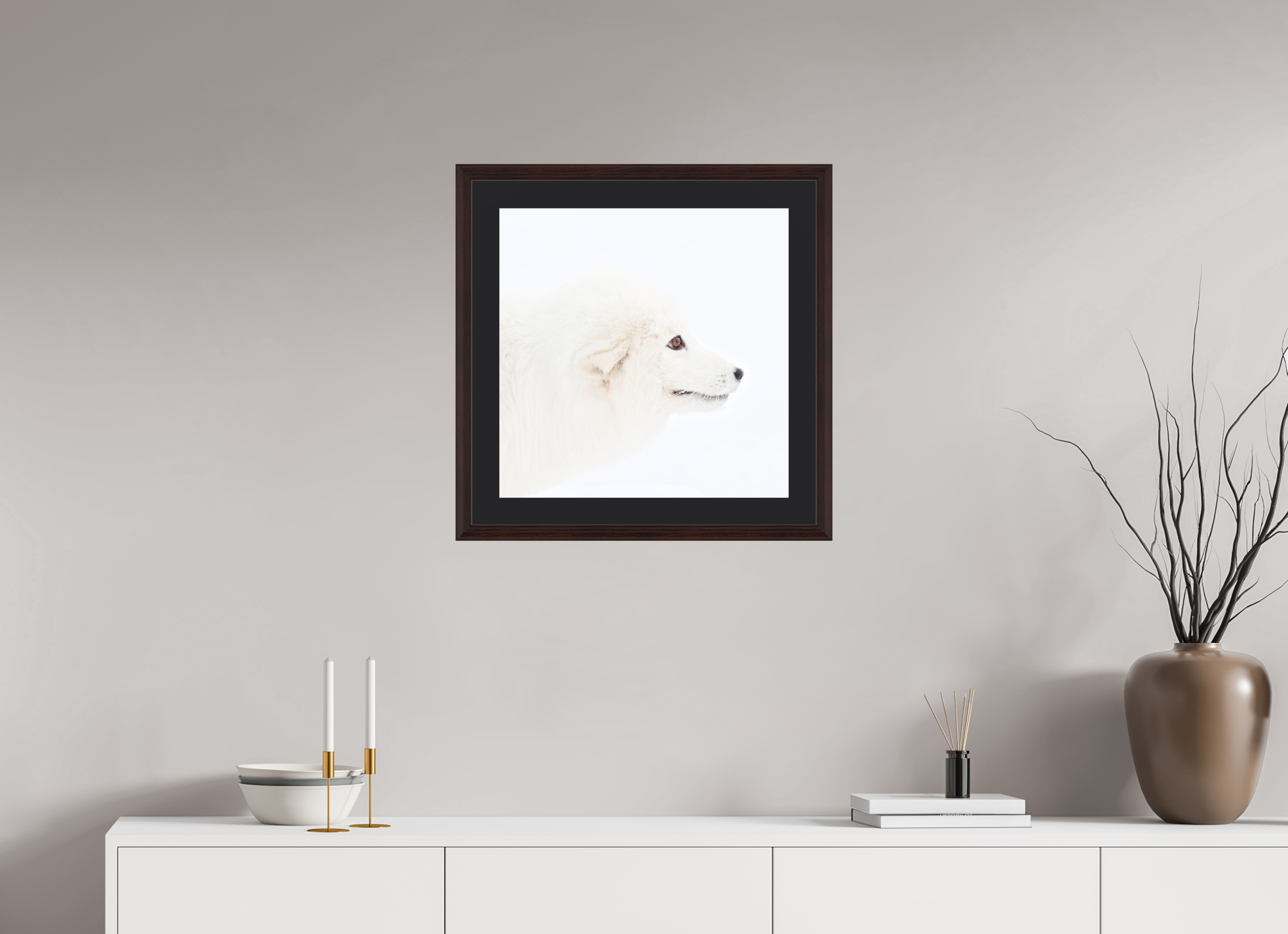 50 x 50 cm, Solid Wood Frame Vienna Passe-partout Alder Brown Arctic Fox Head - Solid Frame With Passe-Partout
