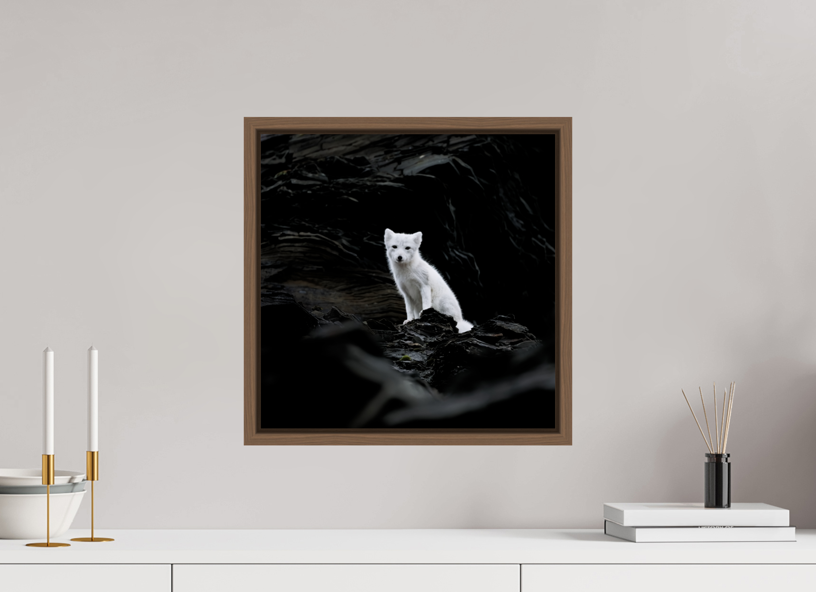 40 x 40 cm, Floater Frame Walnut Glossy Acrylic Glass Arctic Fox Angel - Floater Frame Glossy