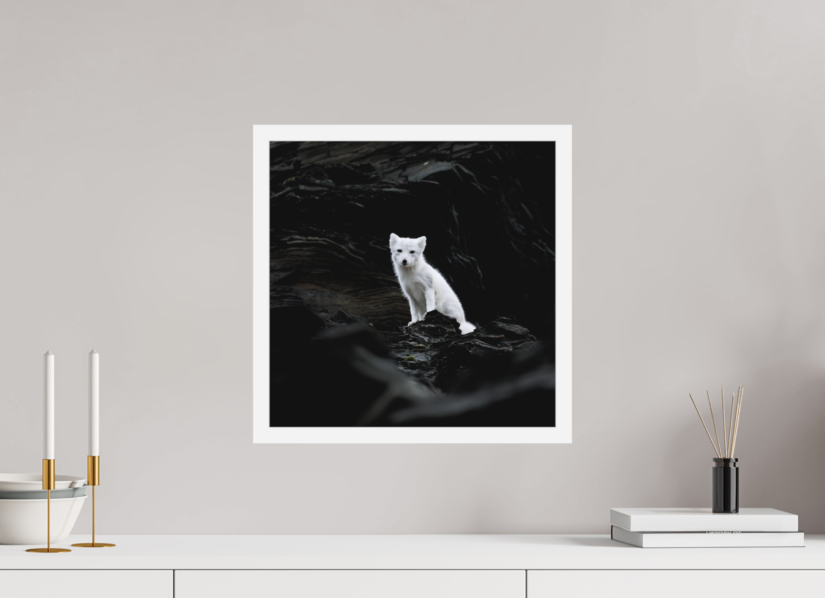 40 x 40 cm, Gallery Frame Hamburg 20mm White Matte Acrylic Arctic Fox Angel - In Solid 20 mm Wood Frame Hamburg Matte