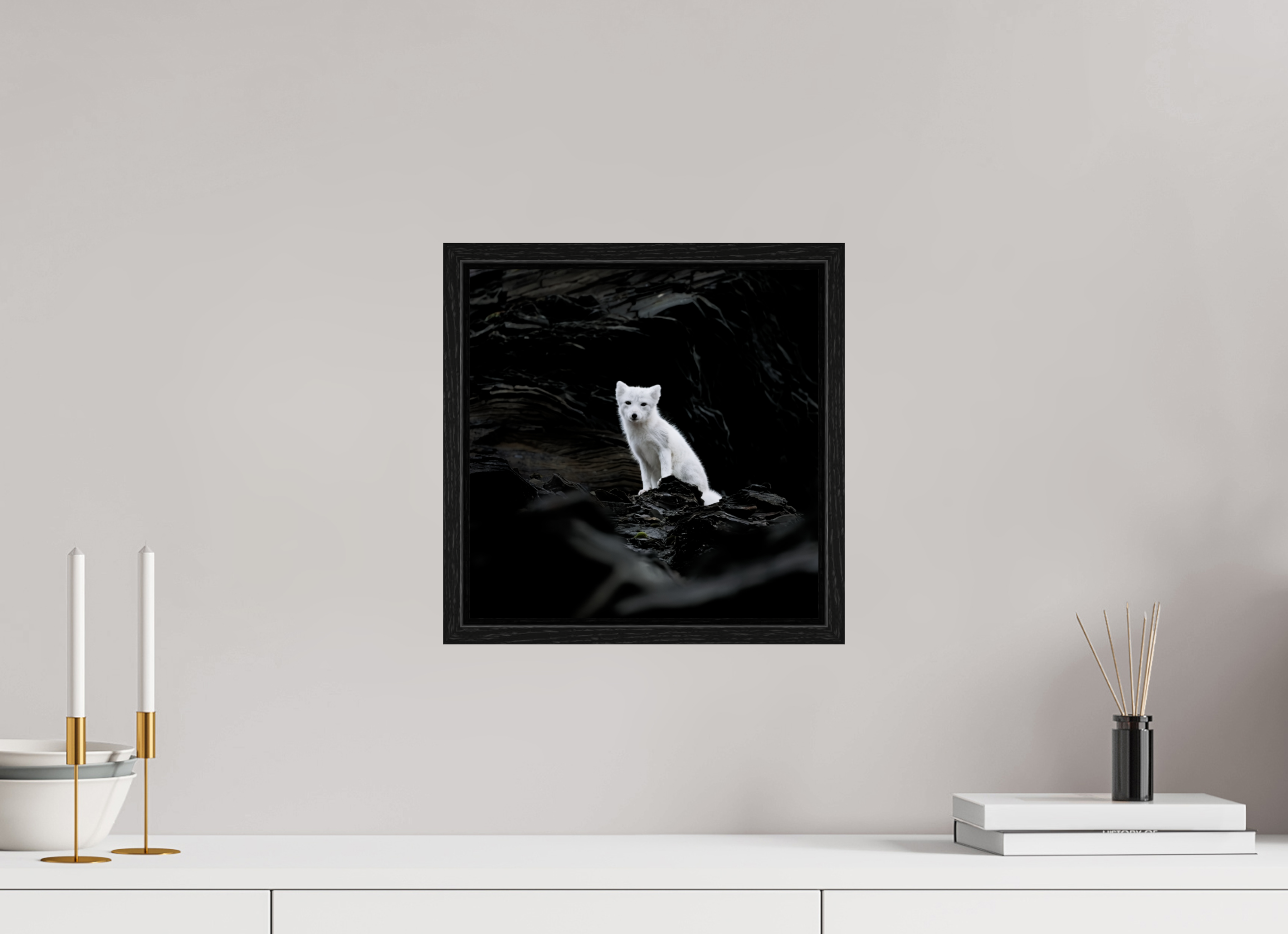 30 x 30 cm, Floater Frame Black Oak Glossy Acrylic Glass Arctic Fox Angel - Floater Frame Glossy