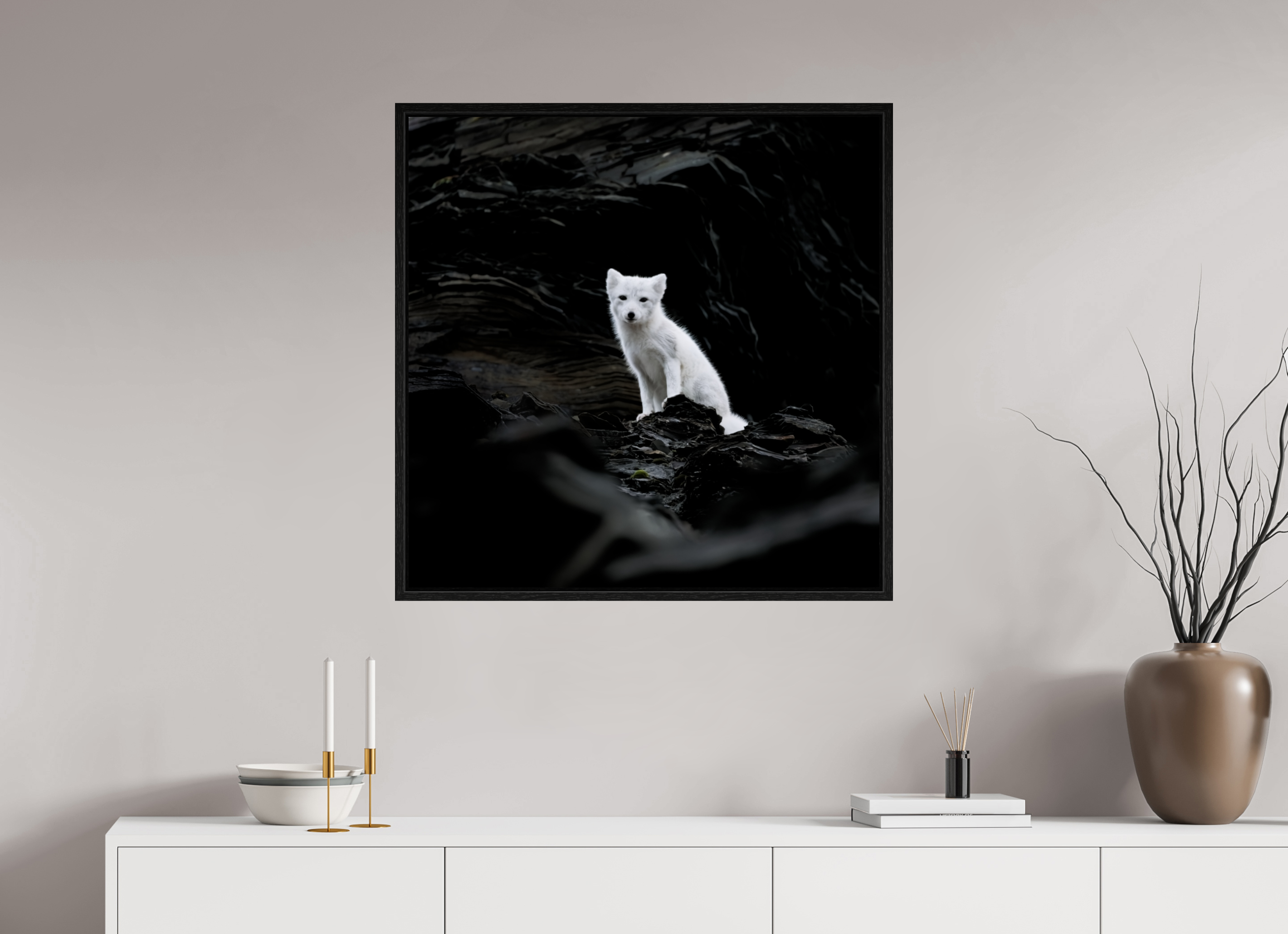 80 x 80 cm, Floater Frame Black Oak Glossy Acrylic Glass Arctic Fox Angel - Floater Frame Glossy