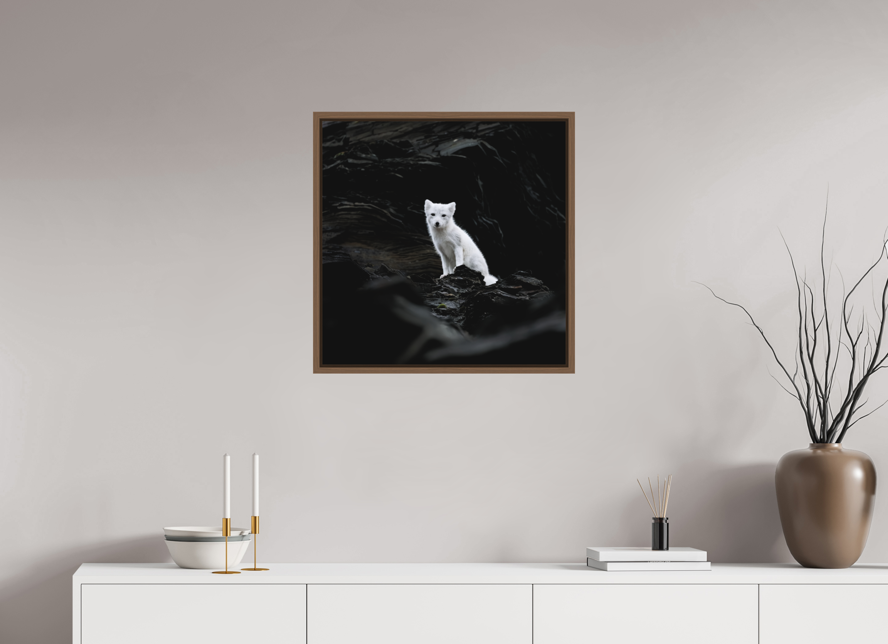 60 x 60 cm, Floater Frame Walnut Matte Acrylic Glass Arctic Fox Angel - Floater Frame Matte
