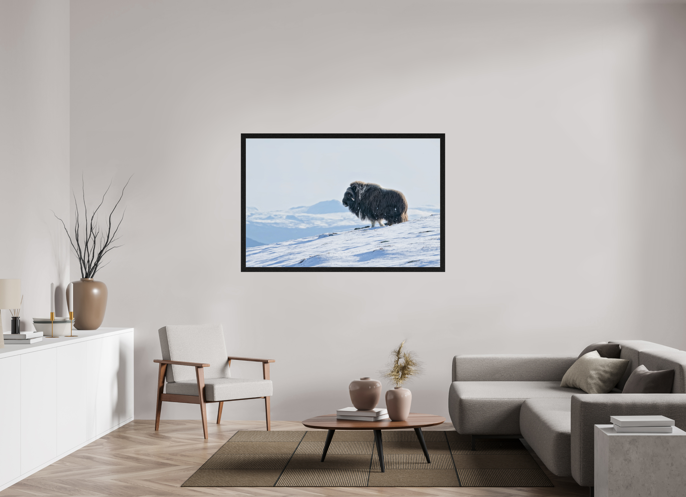 150 x 100 cm, Gallery Frame Hamburg 40mm Black Oak Glossy Acrylic Glass The Musk Ox Kingdom -  In Solid 40 mm Wood Frame Hamburg  Glossy Acrylic