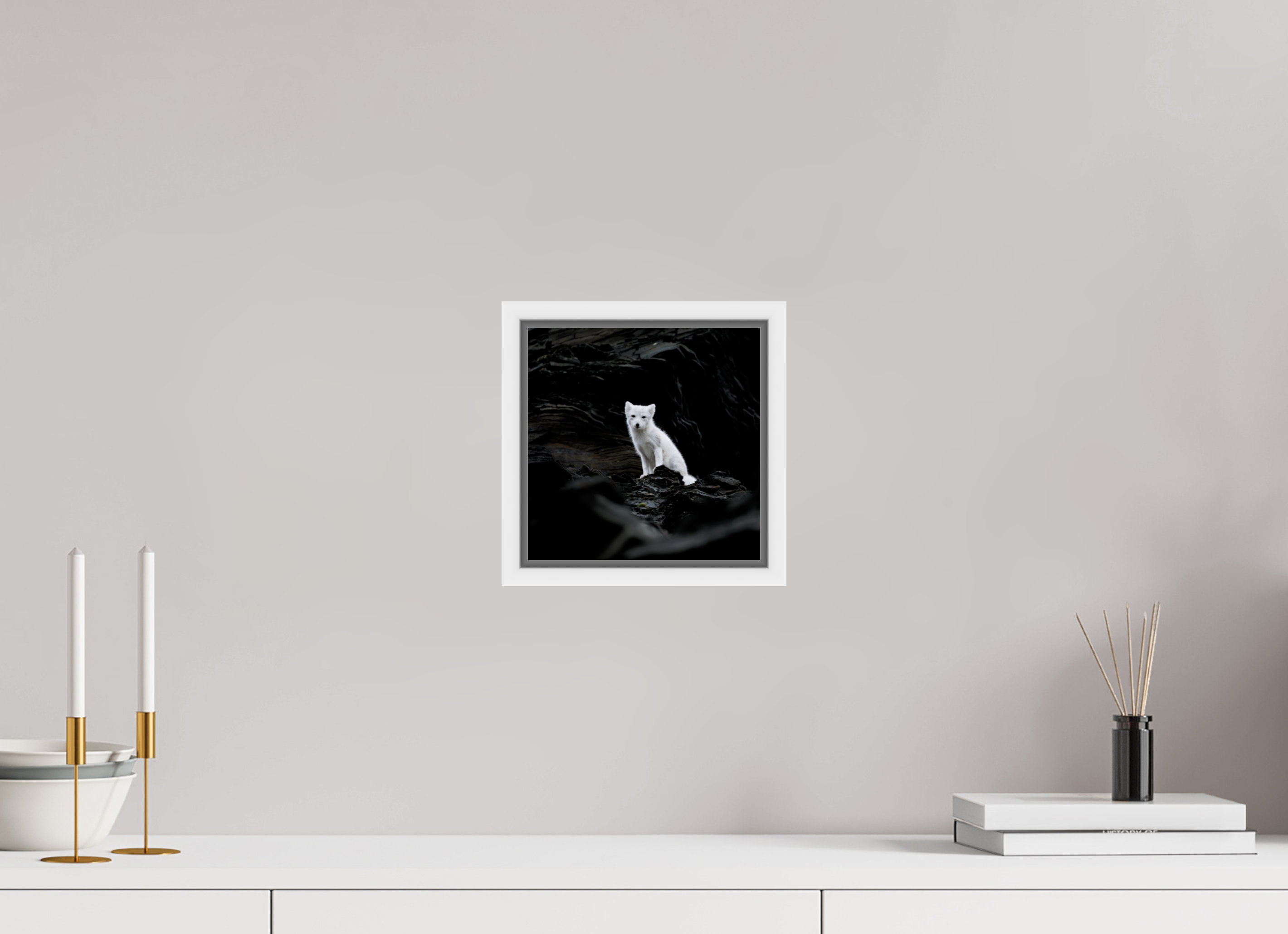 20 x 20 cm, Floater Frame White Glossy Acrylic Glass Arctic Fox Angel - Floater Frame Glossy