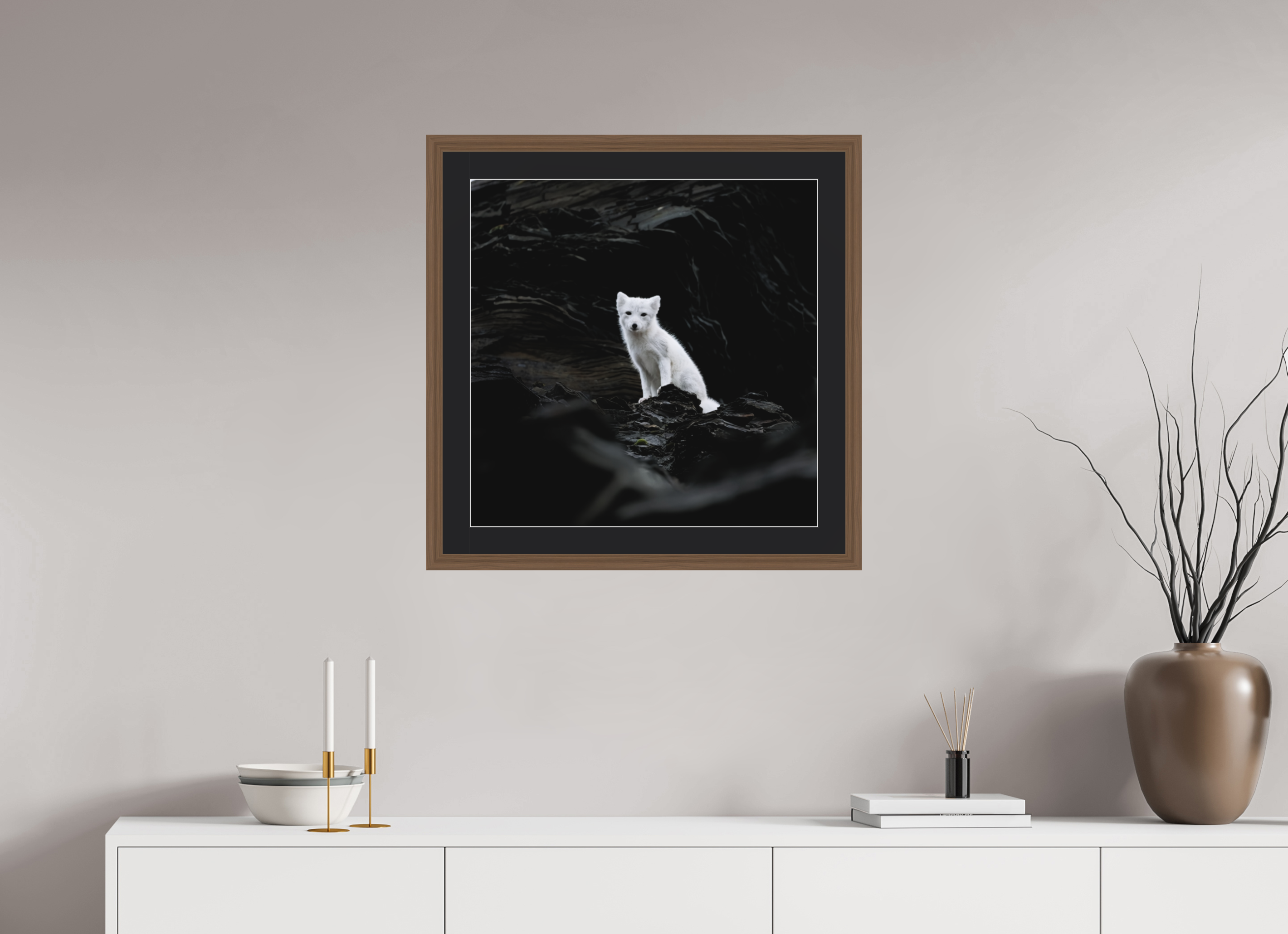 60 x 60 cm, Solid Wood Frame Vienna Passe-partout Walnut Arctiv Fox Angel -Solid Frame With Passe-Partout