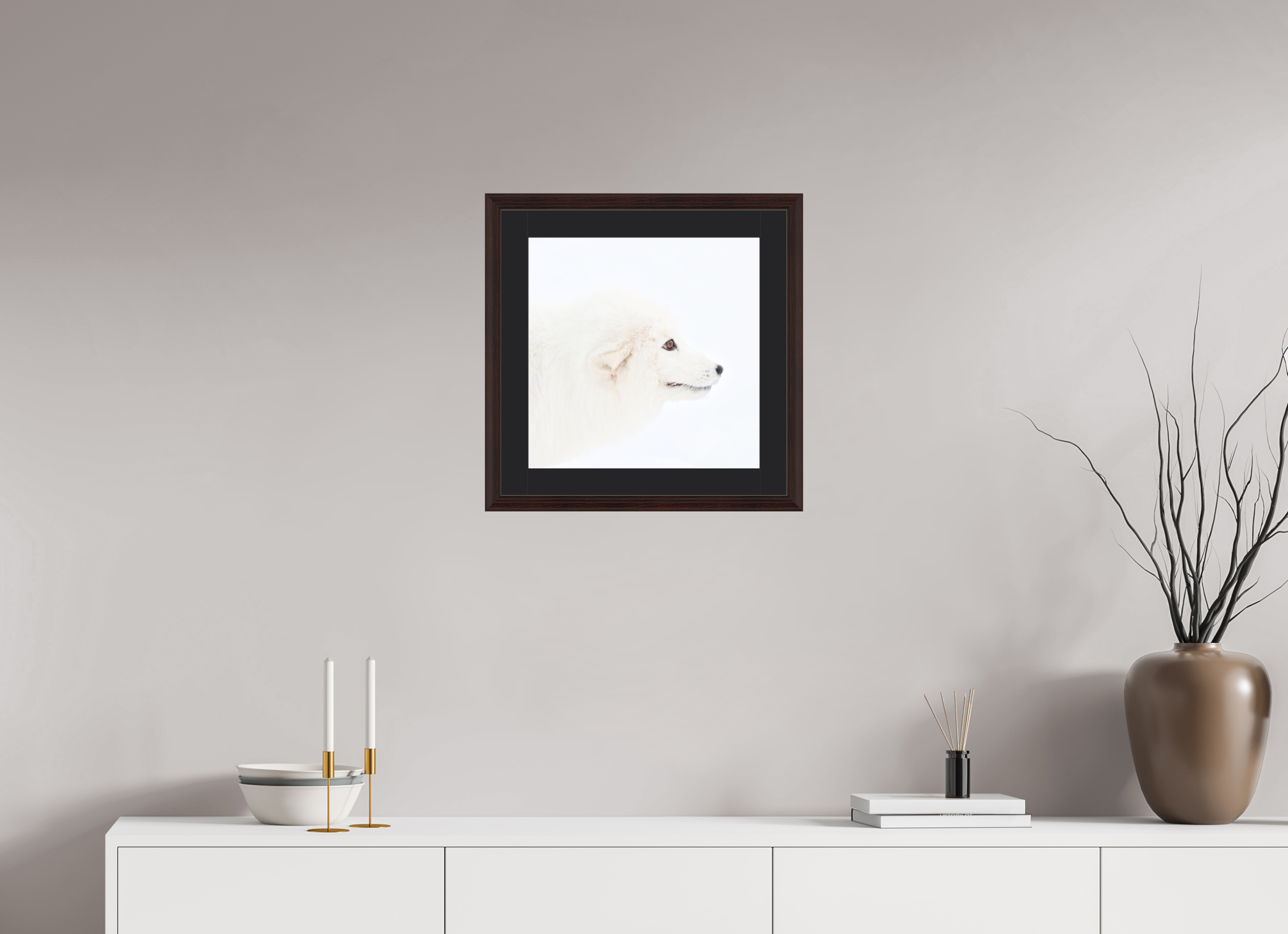 40 x 40 cm, Solid Wood Frame Vienna Passe-partout Alder Brown Arctic Fox Head - Solid Frame With Passe-Partout