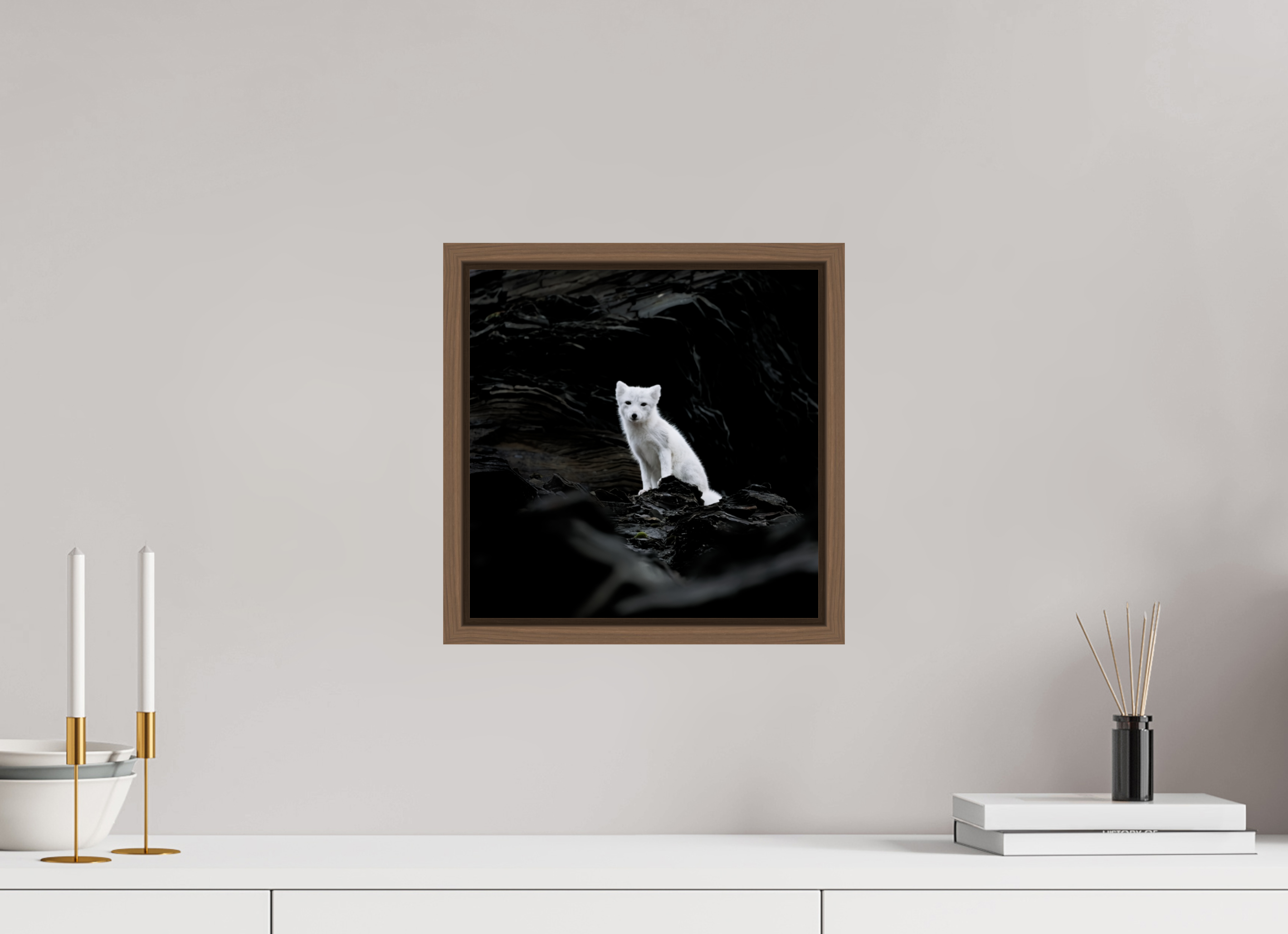 30 x 30 cm, Floater Frame Walnut Glossy Acrylic Glass Arctic Fox Angel - Floater Frame Glossy