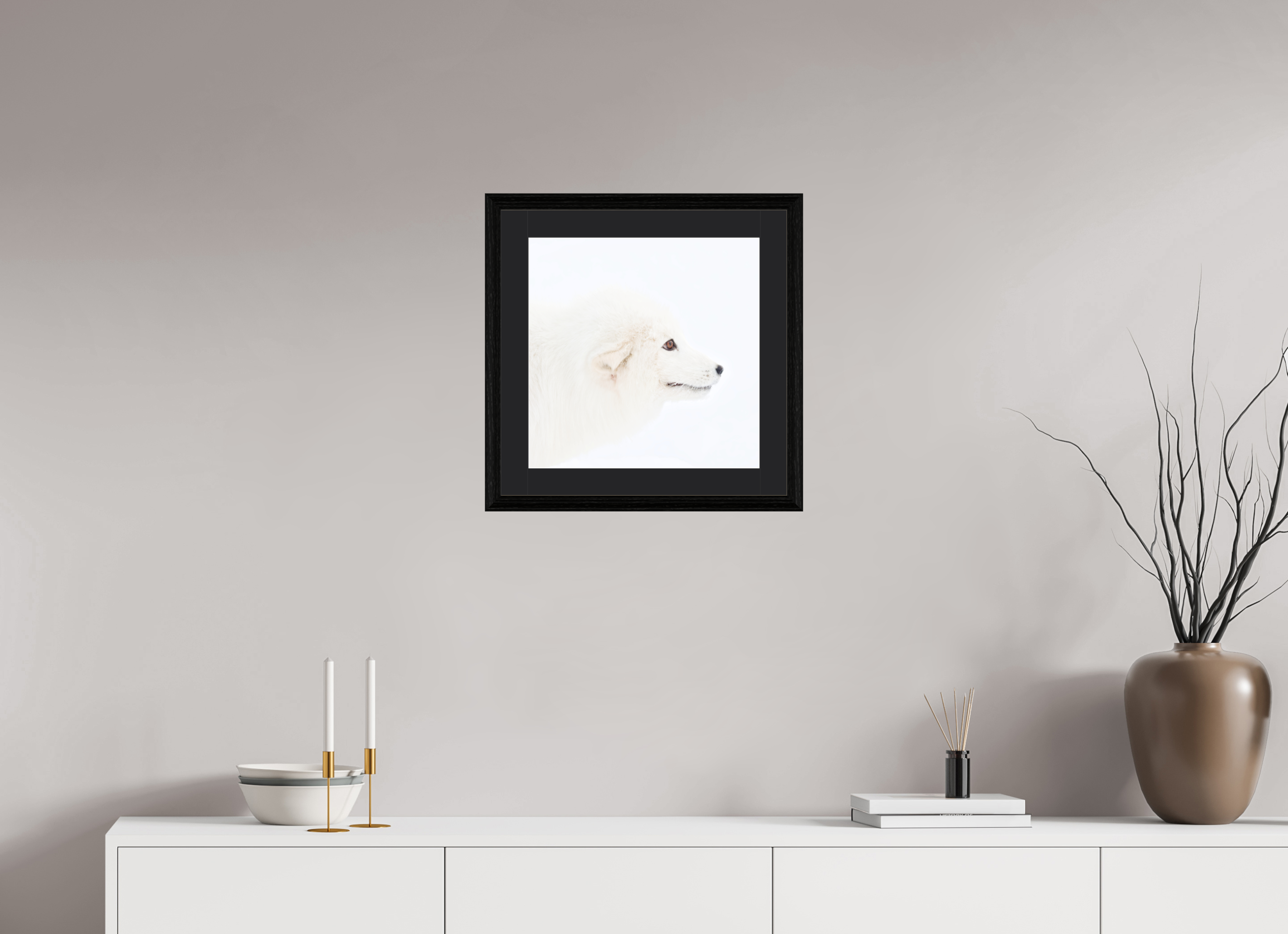 40 x 40 cm, Solid Wood Frame Vienna Passe-partout Black Oak Arctic Fox Head - Solid Frame With Passe-Partout
