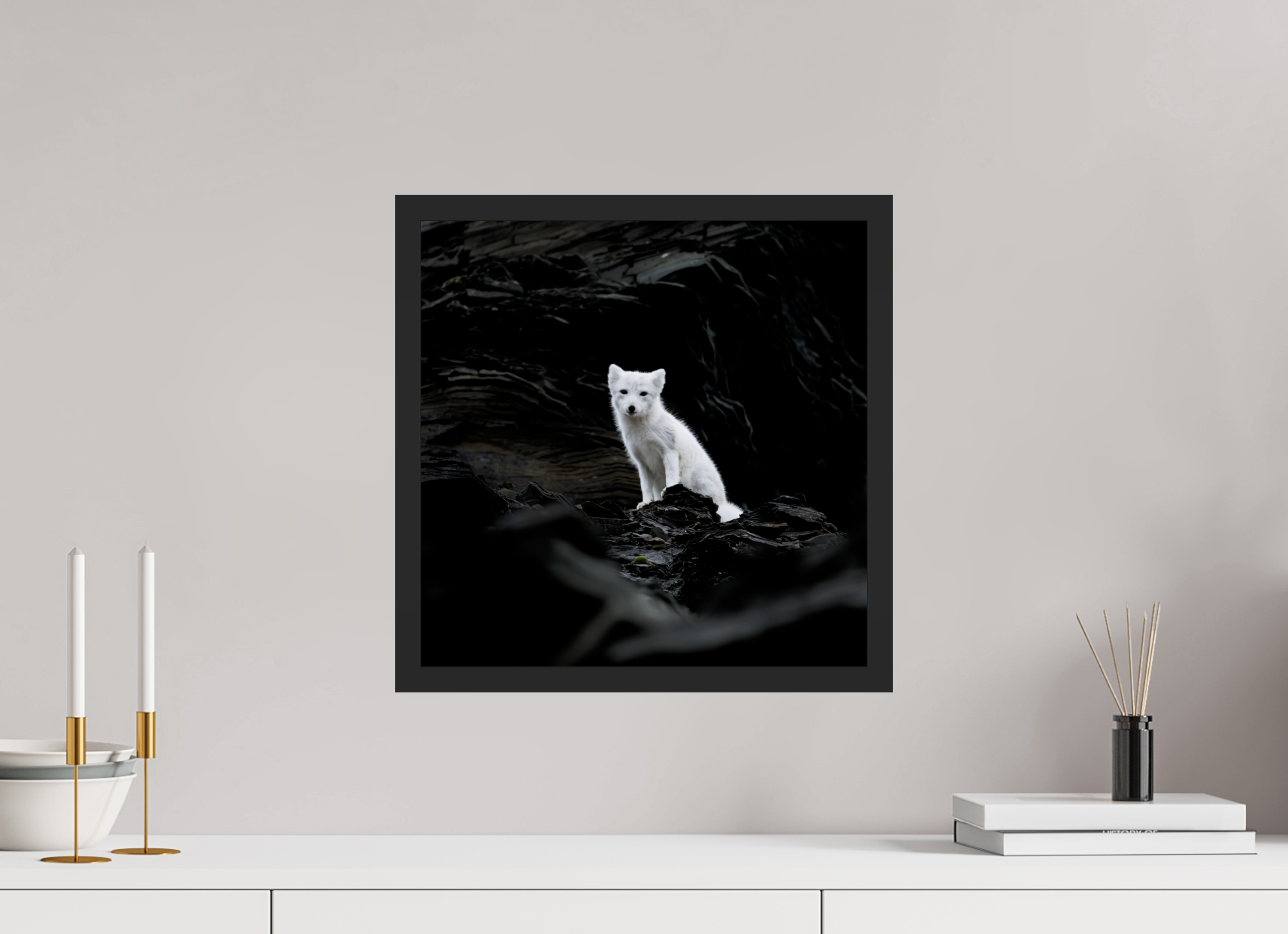 40 x 40 cm, Gallery Frame Hamburg 20mm Black Matte Glossy Acrylic Arctic Fox Angel - In Solid 20 mm Wood Frame Hamburg Glossy