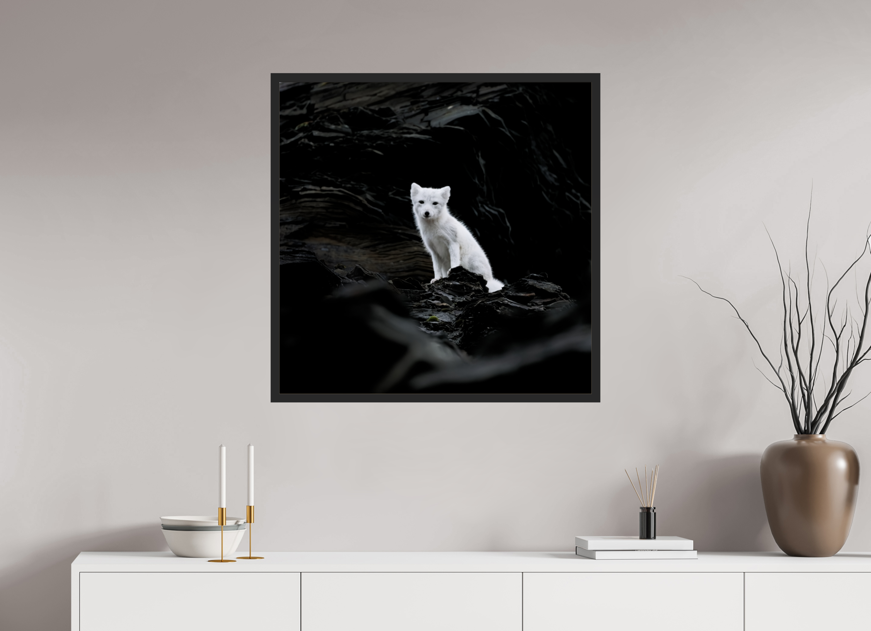 80 x 80 cm, Gallery Frame Hamburg 20mm Black Matte Glossy Acrylic Arctic Fox Angel - In Solid 20 mm Wood Frame Hamburg Glossy