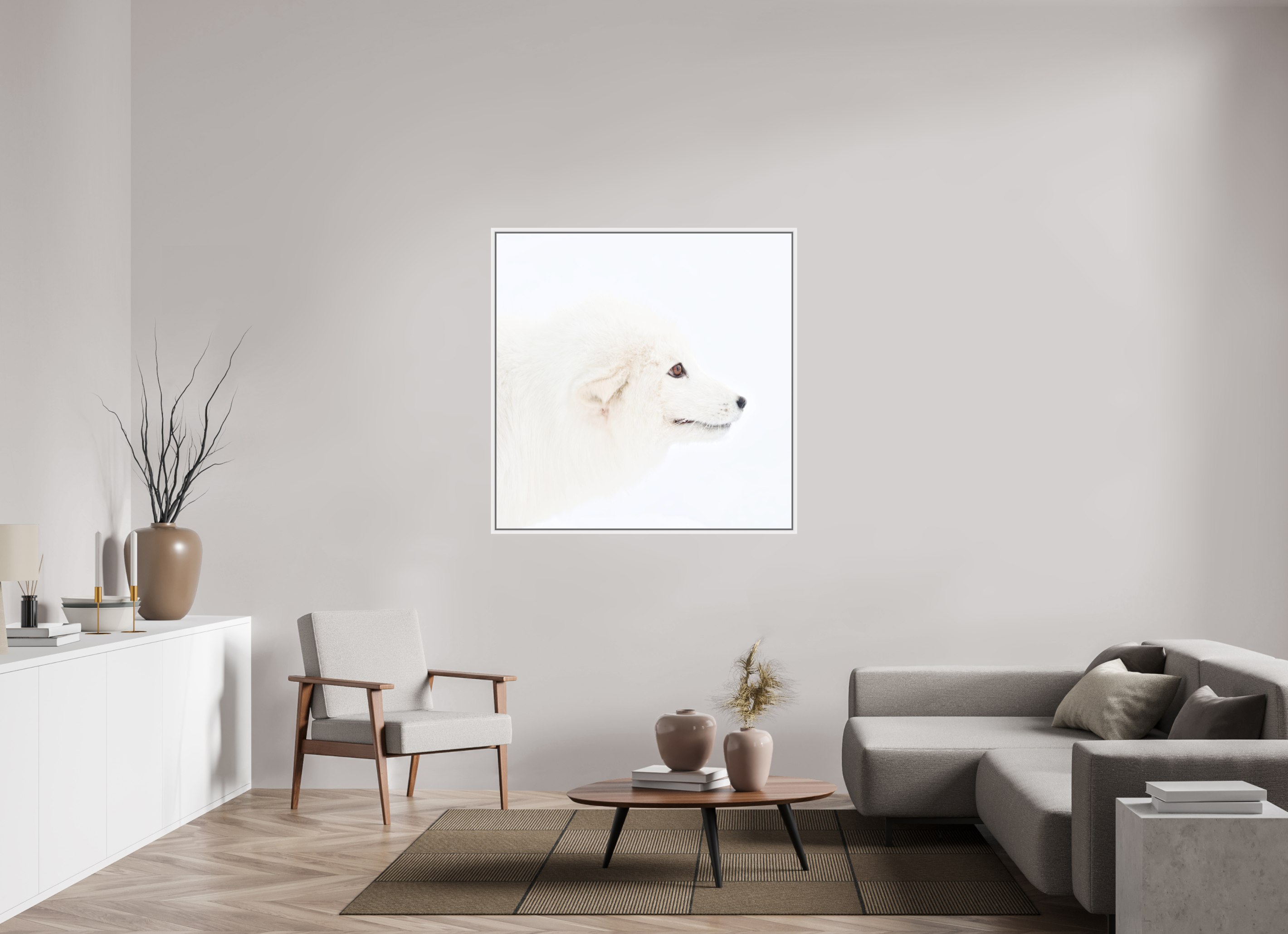 120 x 120 cm, Floater Frame White Matte Acrylic Glass Arctic Fox Head - Floater Frame
