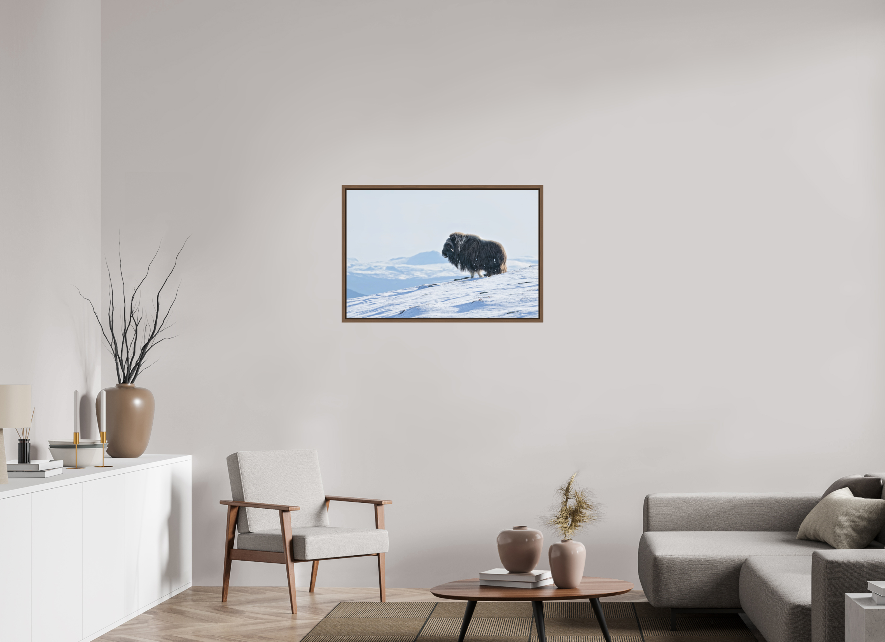 90 x 60 cm, Floater Frame Walnut Matte Acrylic Glass The Musk Ox Kingdom - Floater Frame Matte Acrylic