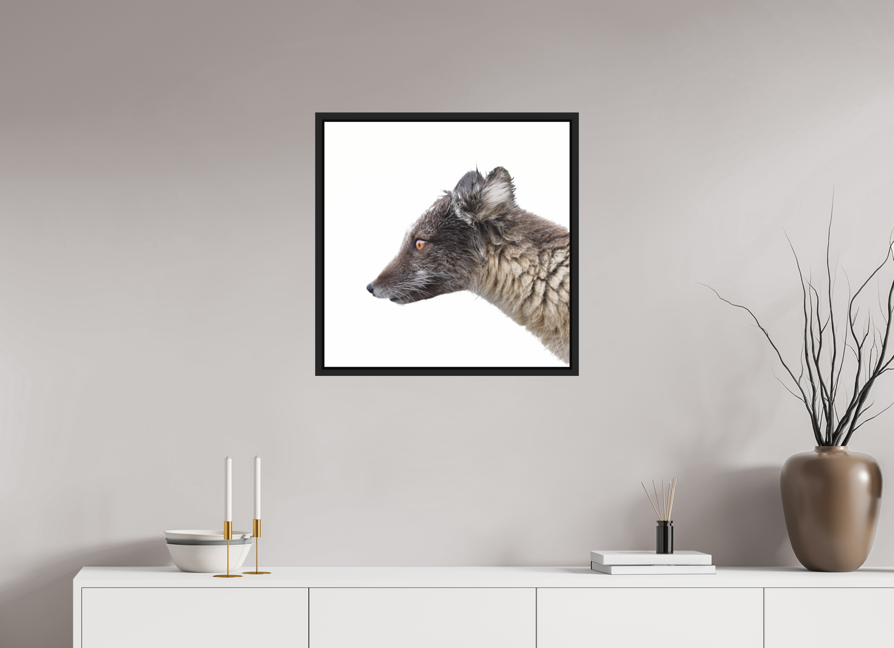 60 x 60 cm, Floater Frame Matte Black Glossy Acrylic Glass Arctic Fox Brown - Floater Frame Glossy