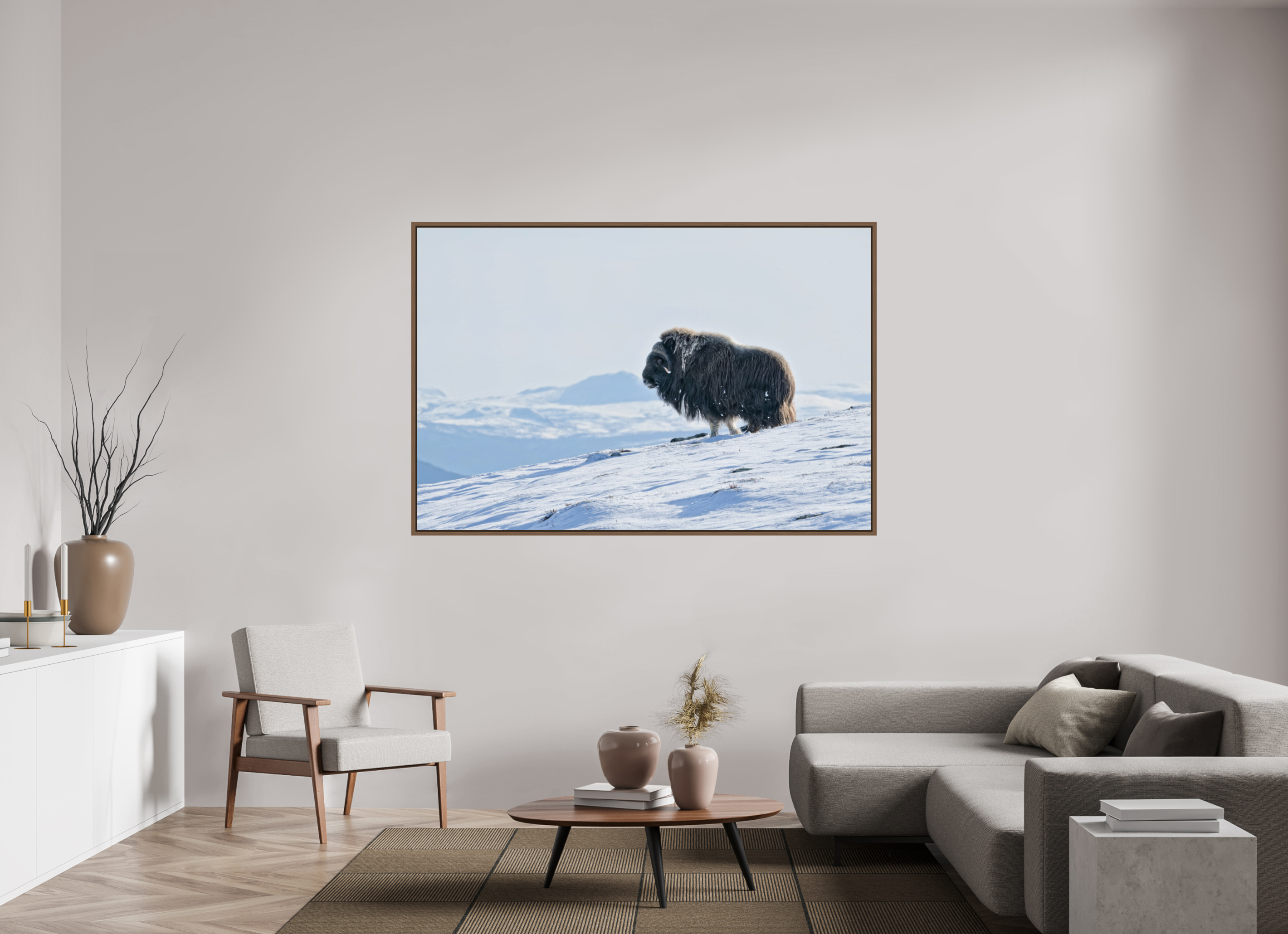 180 x 120 cm, Floater Frame Walnut Glossy Acrylic Glass The Musk Ox Kingdom - Floater Frame Glossy
