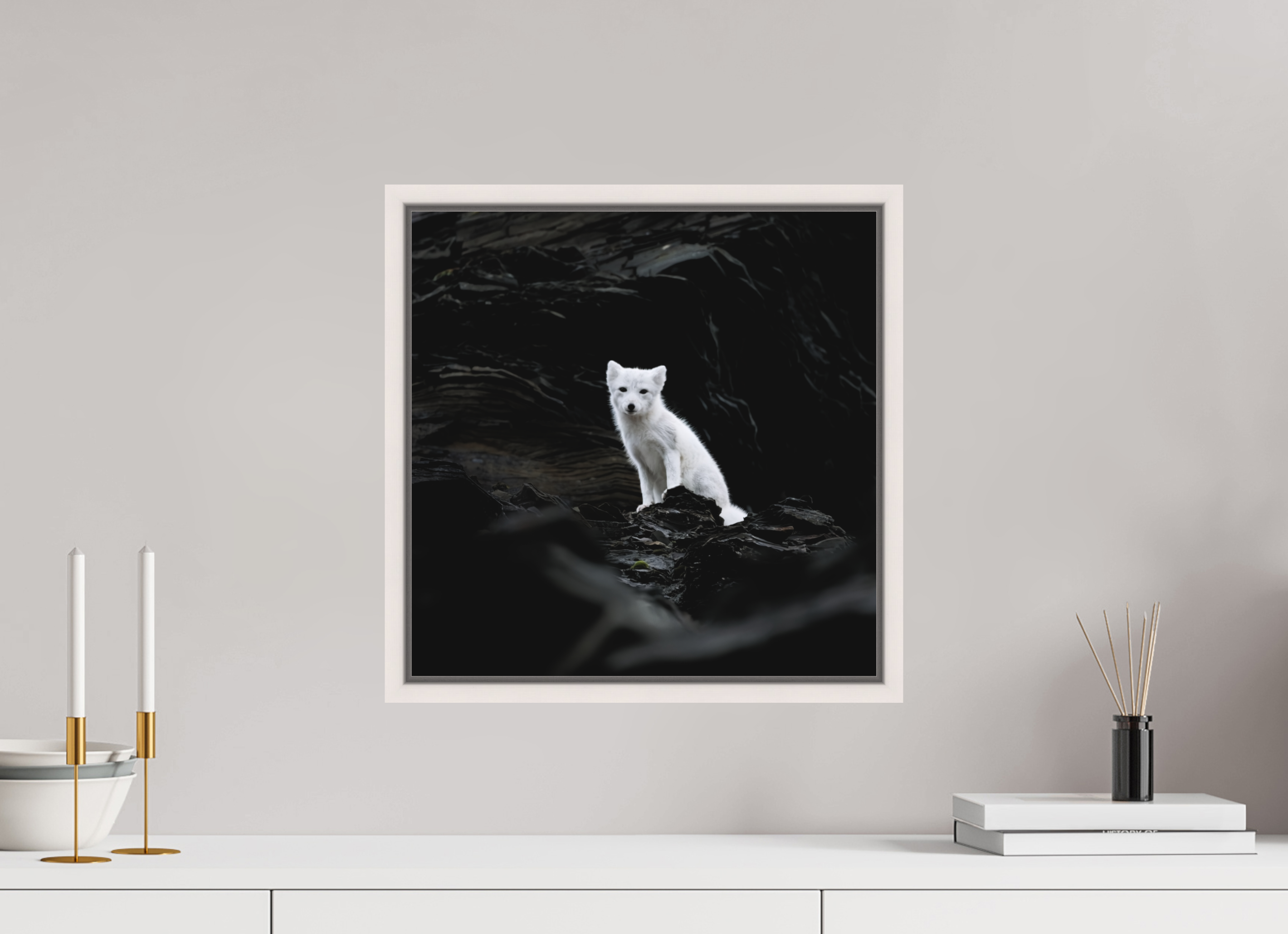 40 x 40 cm, Floater Frame Maple White Matte Acrylic Glass Arctic Fox Angel - Floater Frame Matte