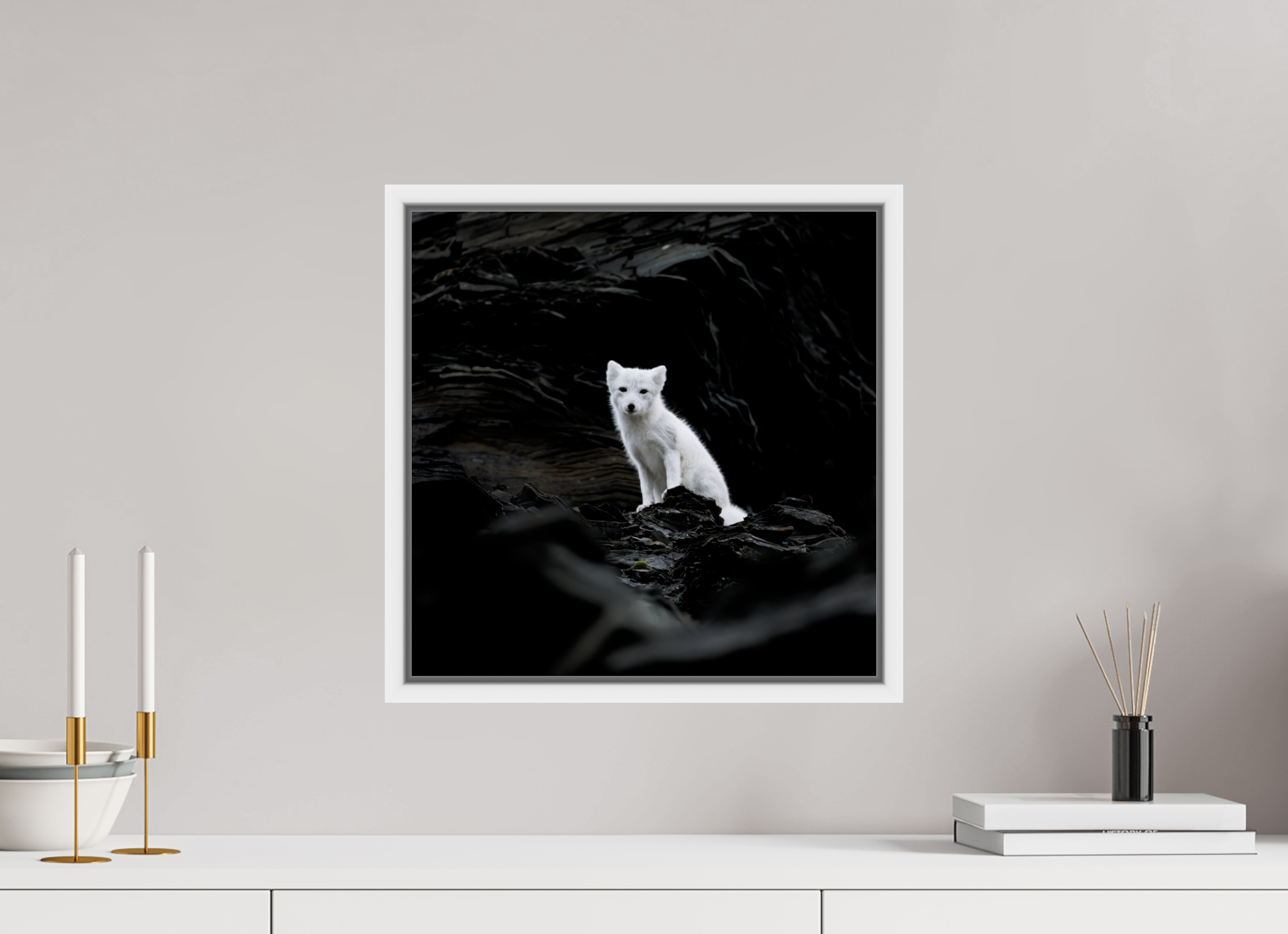 40 x 40 cm, Floater Frame White Glossy Acrylic Glass Arctic Fox Angel - Floater Frame Glossy