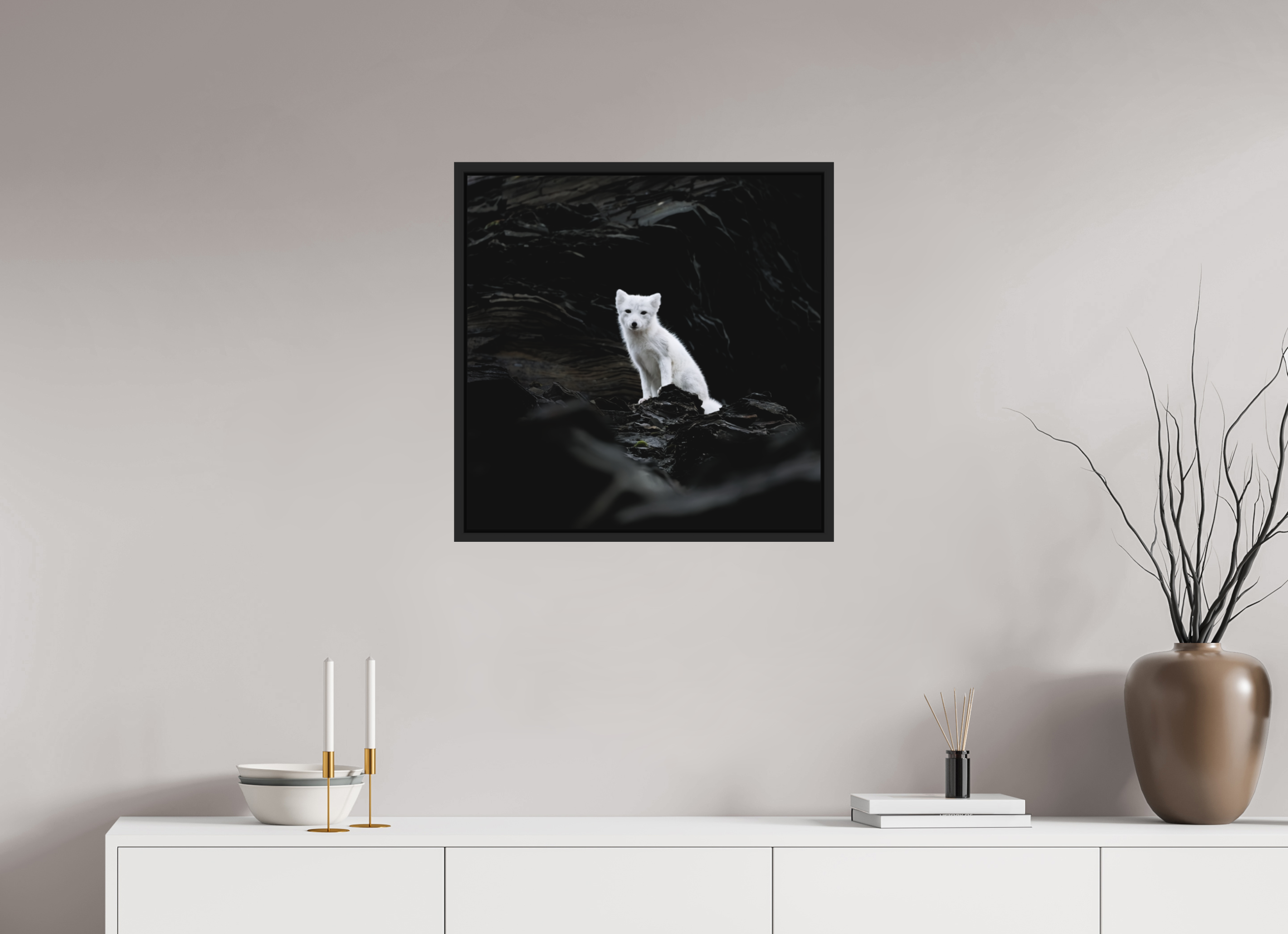 60 x 60 cm, Floater Frame Matte Black Matte Acrylic Glass Arctic Fox Angel - Floater Frame Matte