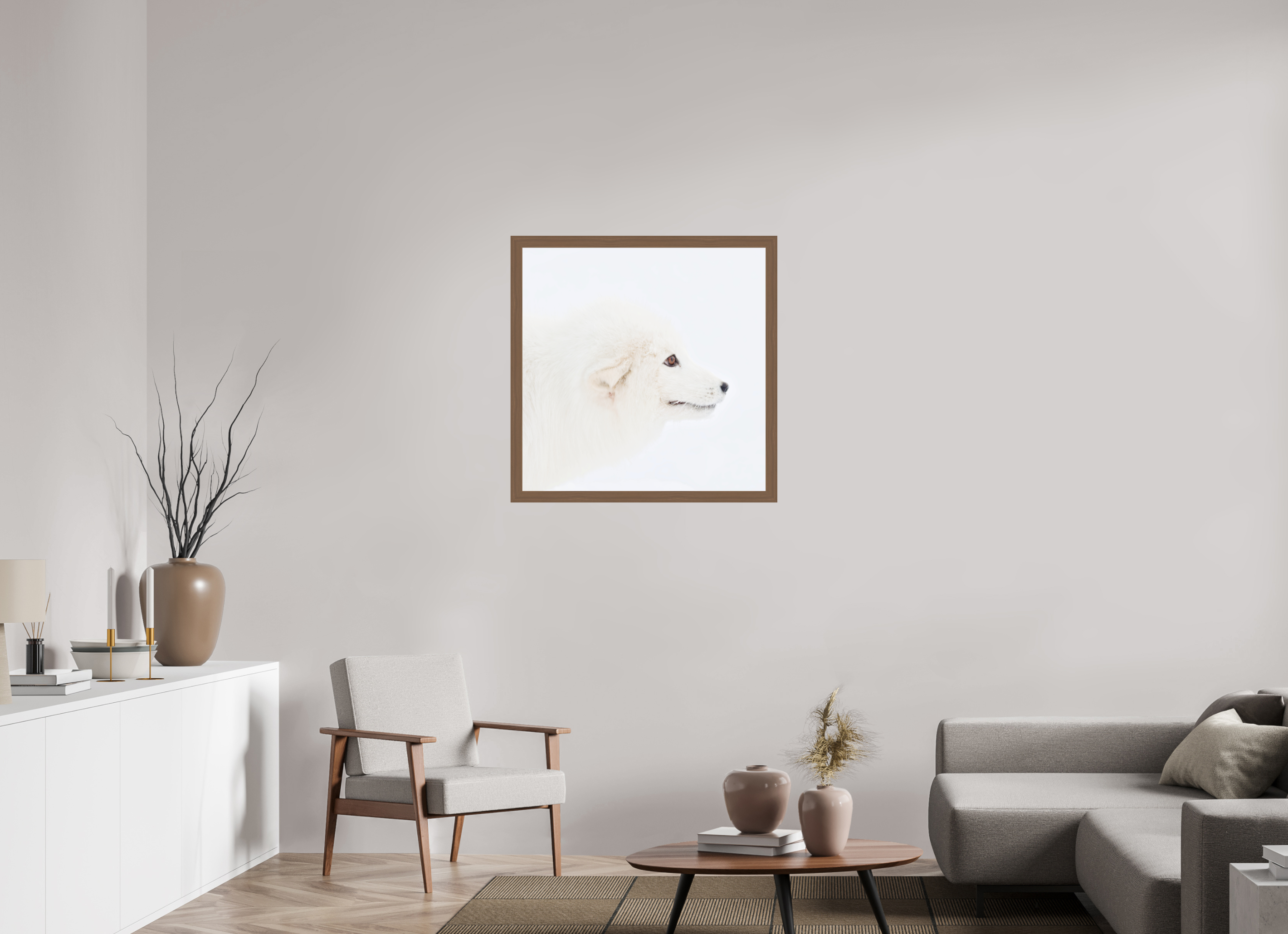 80 x 80 cm, Gallery Frame Hamburg 40mm Walnut Glossy Acrylic Glass Arctic Fox Head - In Solid Wood Frame Hamburg 40 mm