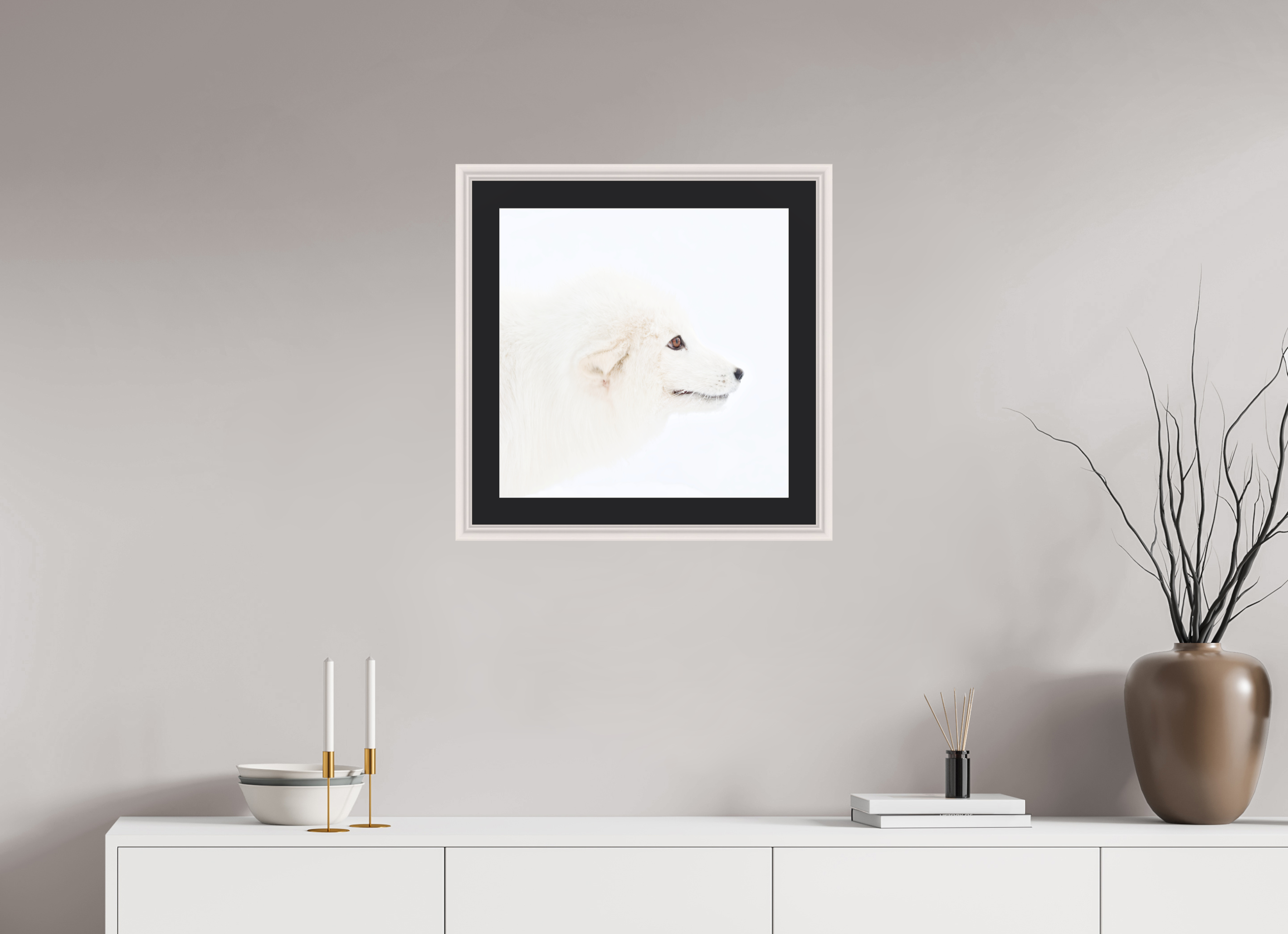 50 x 50 cm, Solid Wood Frame Vienna Passe-partout Maple White Arctic Fox Head - Solid Frame With Passe-Partout