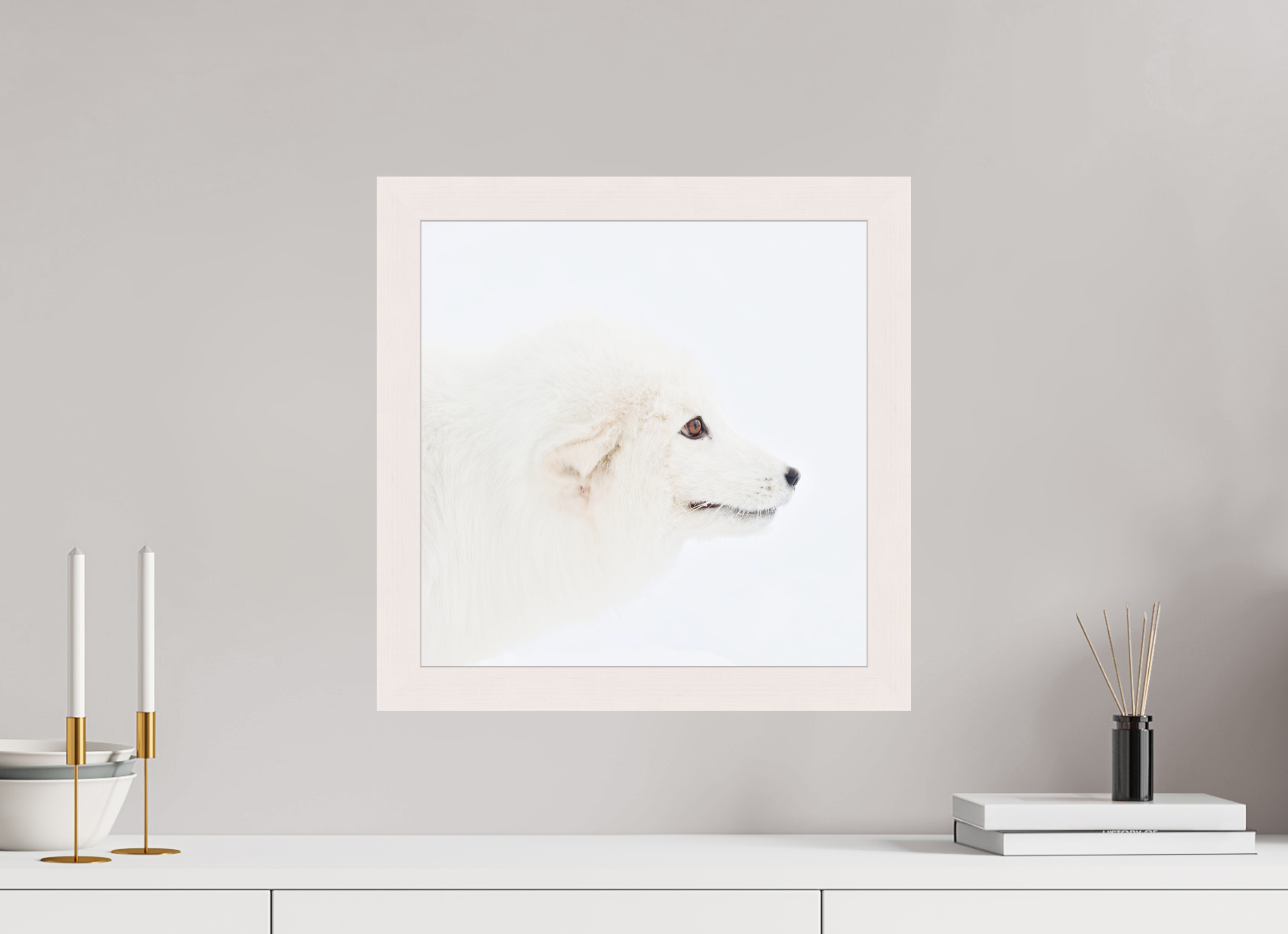 40 x 40 cm, Gallery Frame Hamburg 40mm White Glossy Acrylic Glass Arctic Fox Head - In Solid Wood Frame Hamburg 40 mm