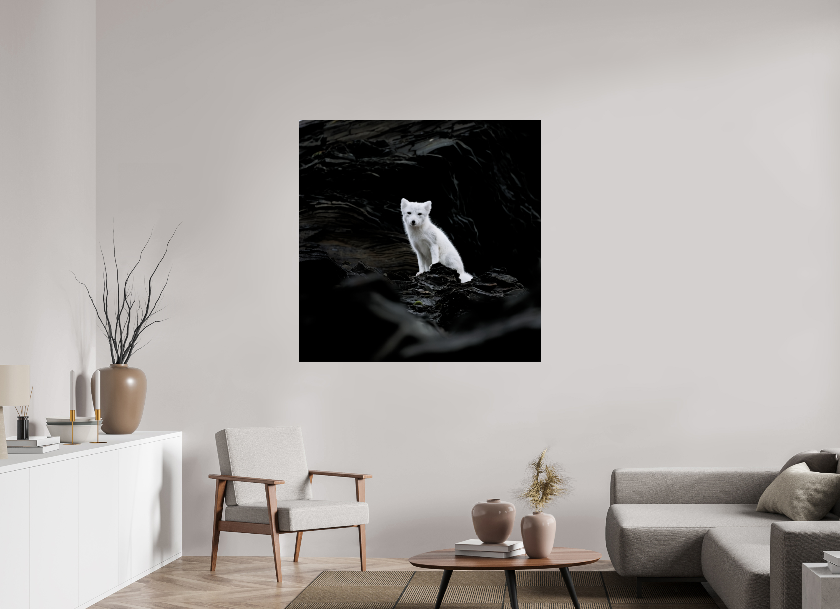 120 x 120 cm, Photo Print Under Glossy Acrylic Glass 2mm Arctic Fox Angel - Under Acrylic Glass