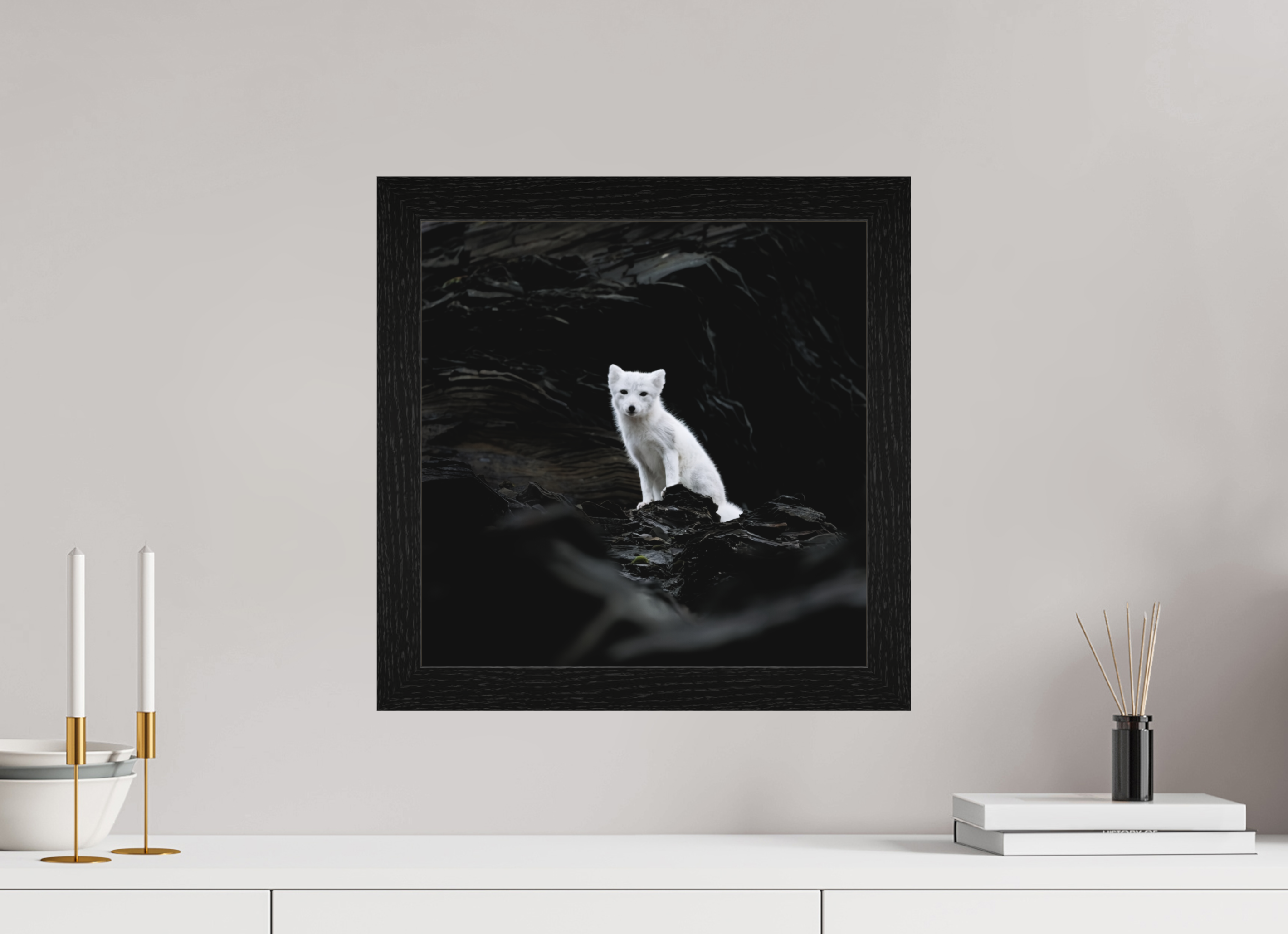 40 x 40 cm, Gallery Frame Hamburg 40mm Black Oak Matte Acrylic Arctic Fox Angel- In Solid 40 mm Wood Frame Hamburg Matte