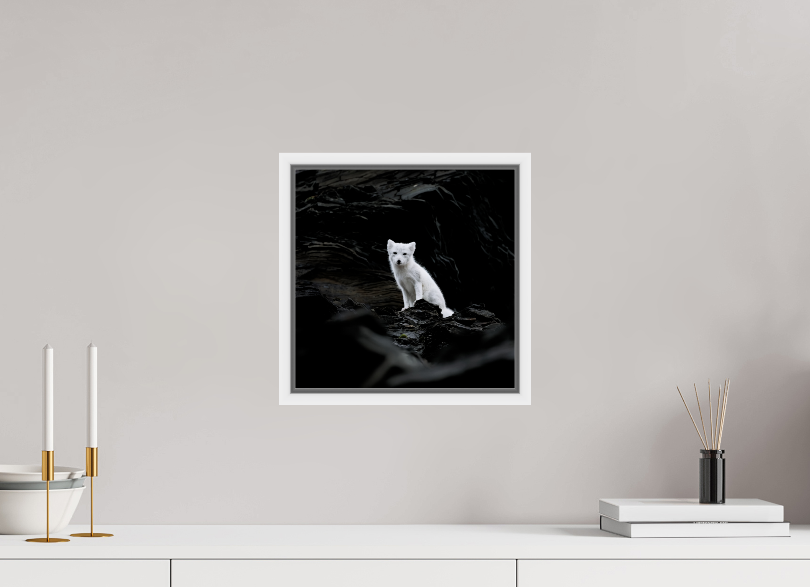 30 x 30 cm, Floater Frame White Glossy Acrylic Glass Arctic Fox Angel - Floater Frame Glossy