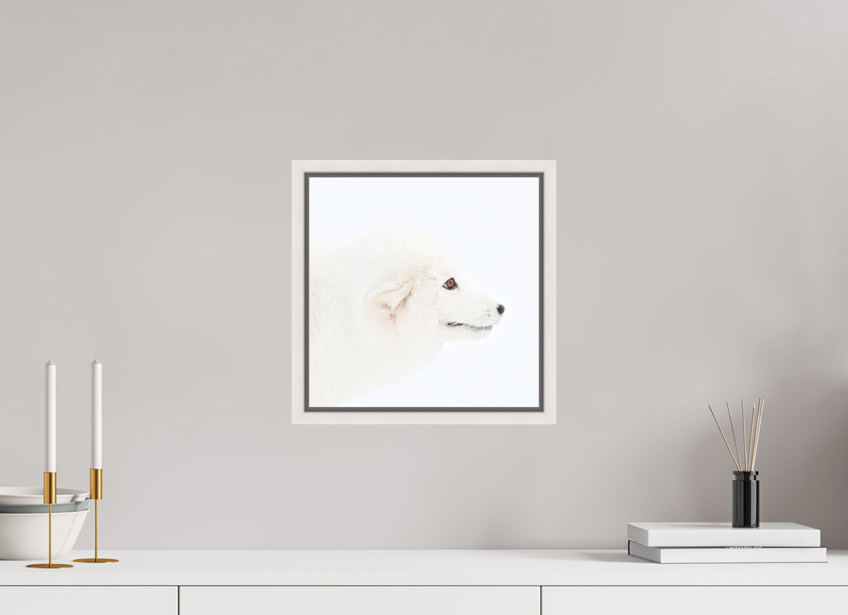 30 x 30 cm, Floater Frame Maple White Matte Acrylic Glass Arctic Fox Head - Floater Frame