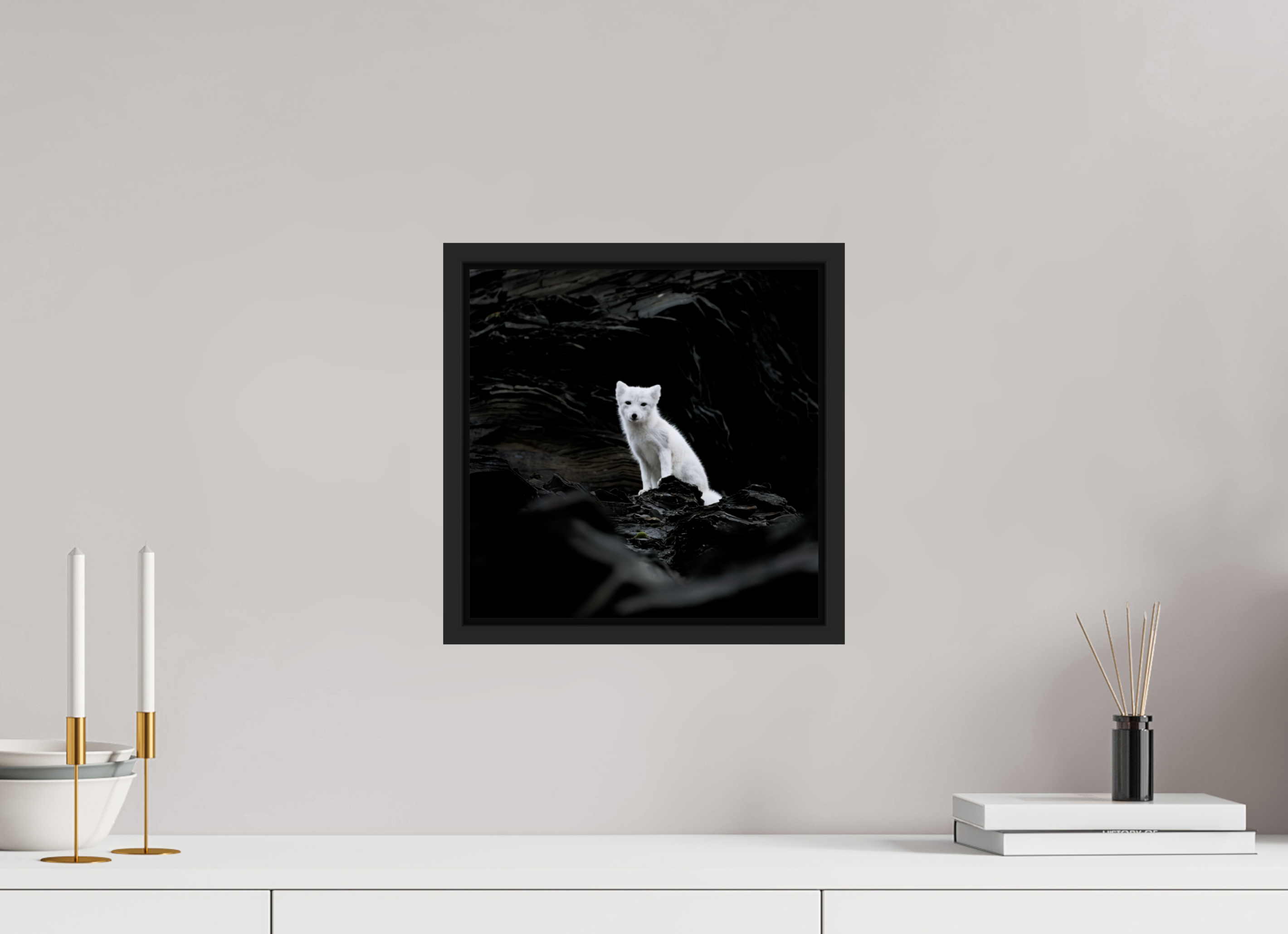 30 x 30 cm, Floater Frame Matte Black Glossy Acrylic Glass Arctic Fox Angel - Floater Frame Glossy