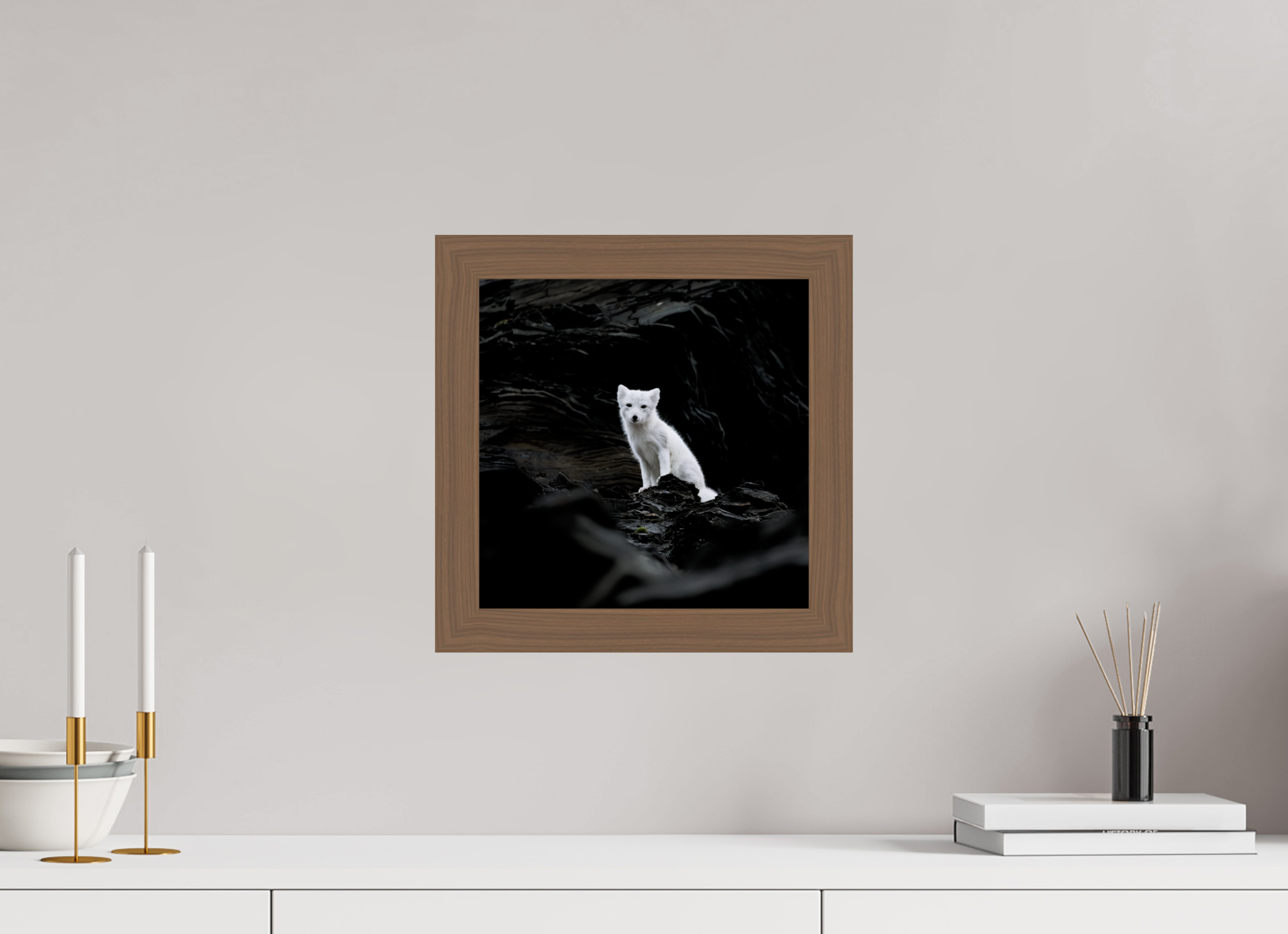 30 x 30 cm, Gallery Frame Hamburg 40mm Walnut Glossy Acrylic Arctic Fox Angel - In Solid 40 mm Wood Frame Hamburg Glossy