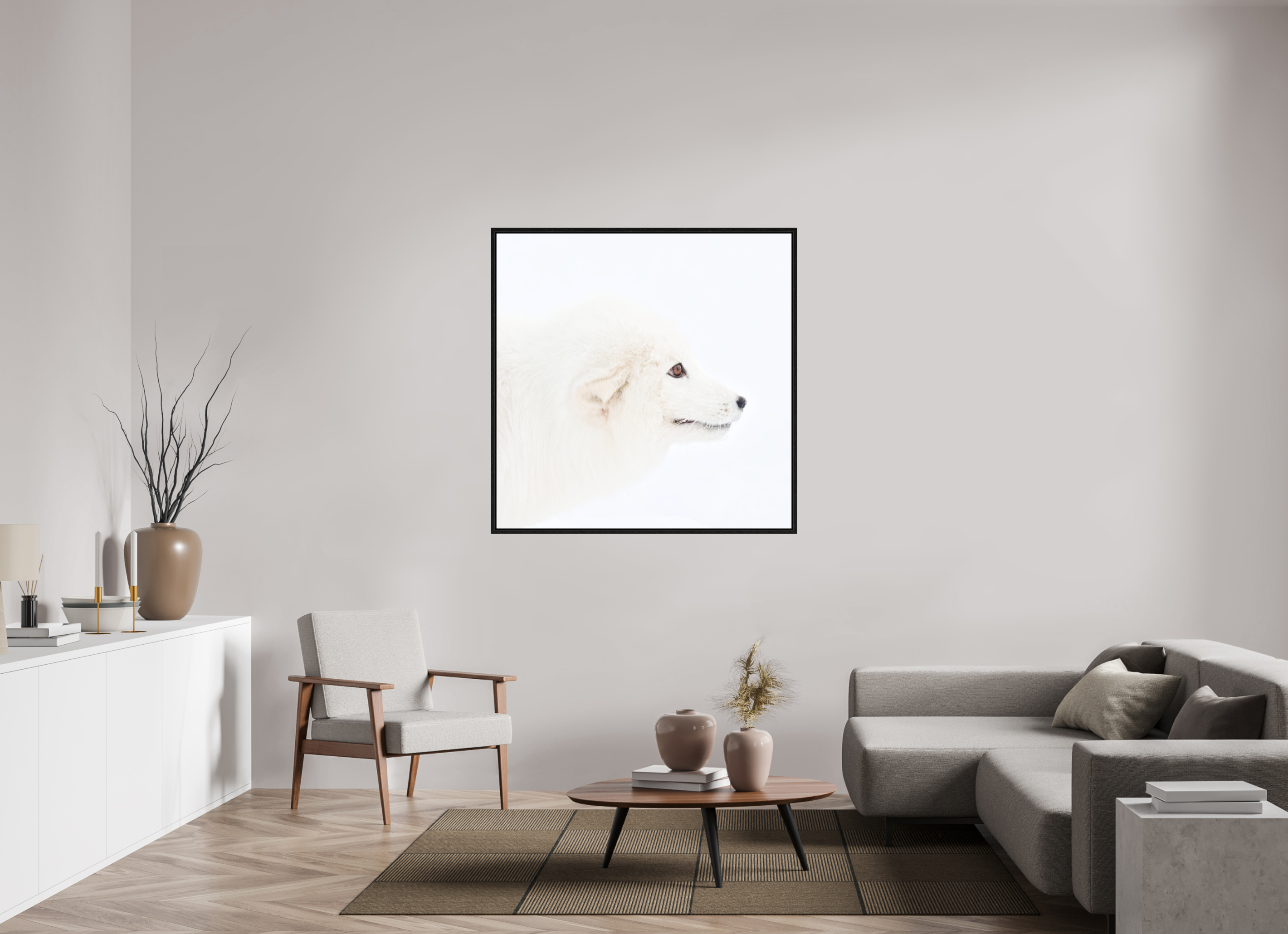 120 x 120 cm, Floater Frame Black Oak Matte Acrylic Glass Arctic Fox Head - Floater Frame