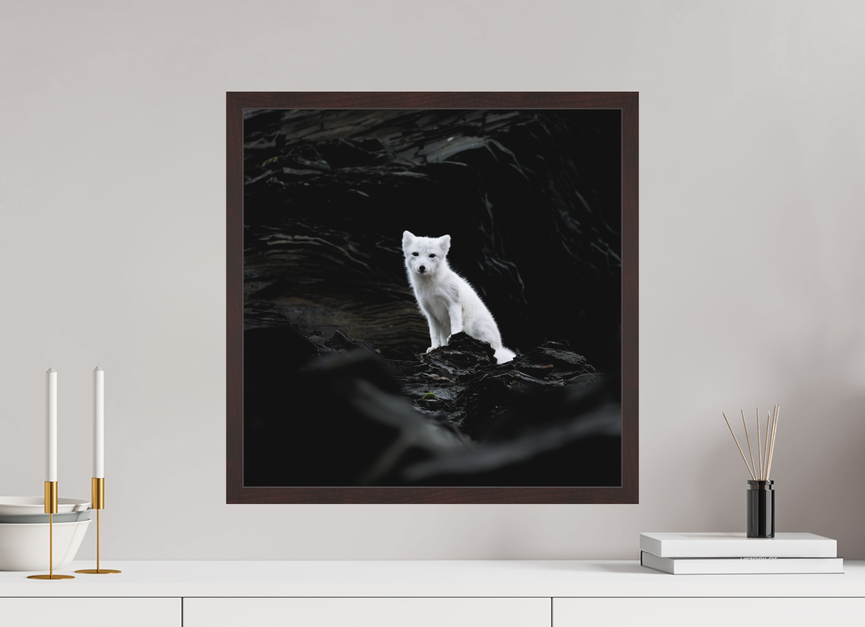 50 x 50 cm, Gallery Frame Hamburg 20mm Alder Brown Matte Acrylic Arctic Fox Angel - In Solid 20 mm Wood Frame Hamburg Matte
