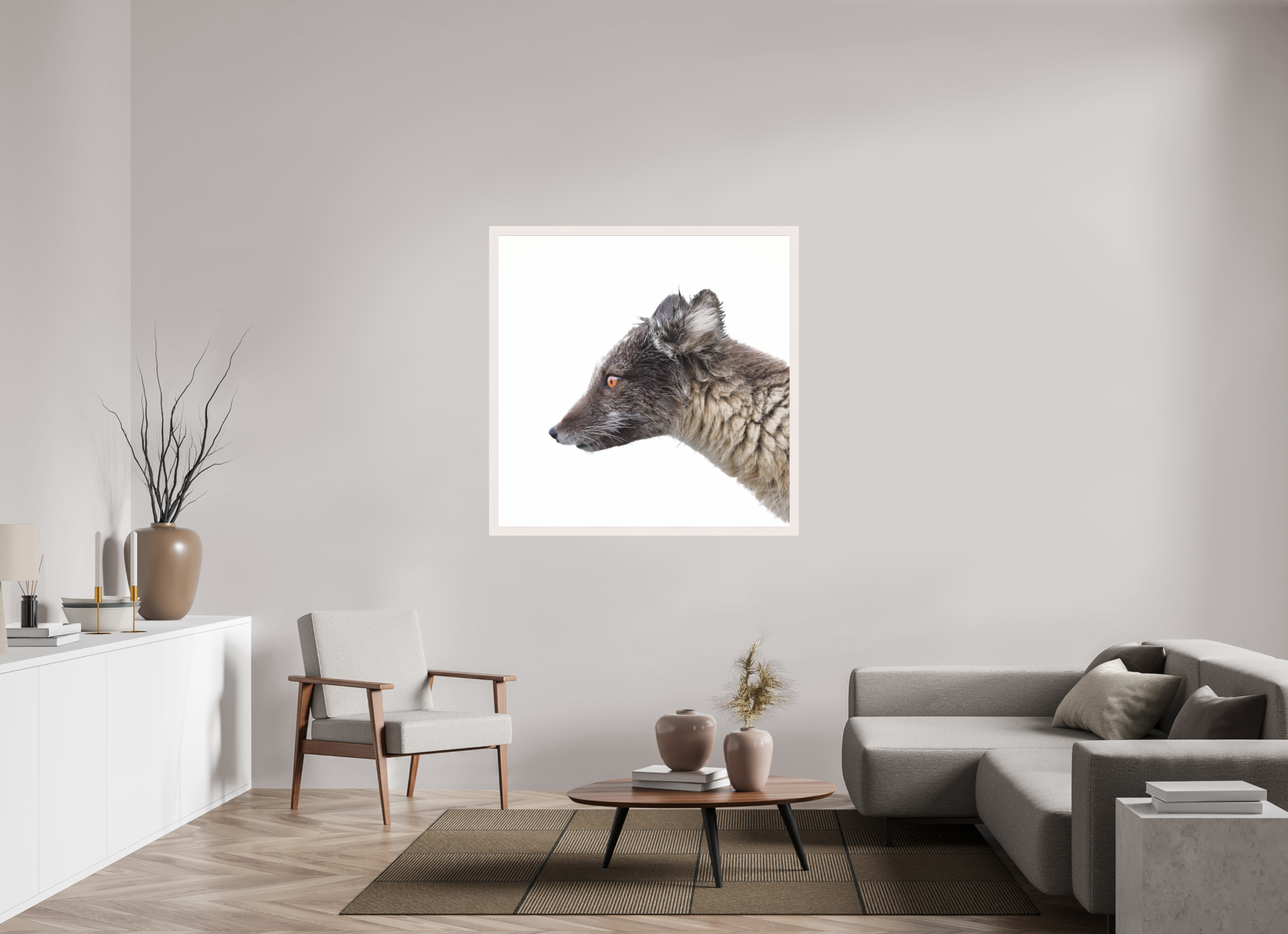 120 x 120 cm, Gallery Frame Hamburg 40mm White Glossy Acrylic Arctic Fox Angel - In Solid 40 mm Wood Frame Hamburg Glossy